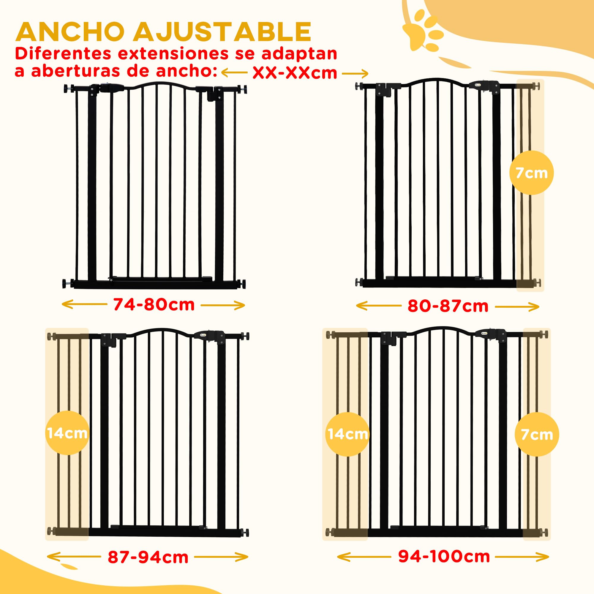 PawHut Barrera de Seguridad para Perros Extensible 74-100 cm, para Puertas y Escaleras, Barrera para Perros Medianos con 2 Extensiones 7/14 cm, Montaje a Presión y Doble Bloqueo, Negro
