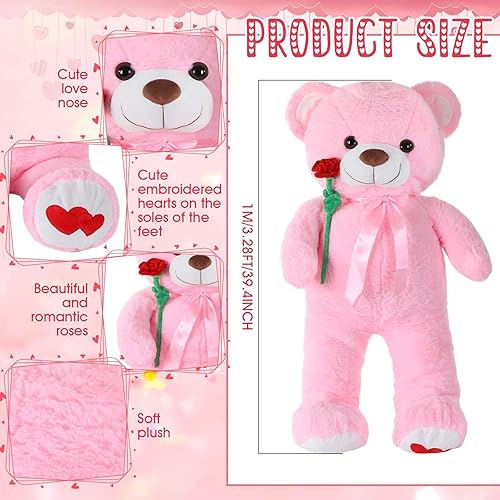Miniatura 2 de Oso de peluche gigante de 39 pulgadas con lazo de cinta, rosa, suave, para niños, novia, cumpleaños (elegante)
