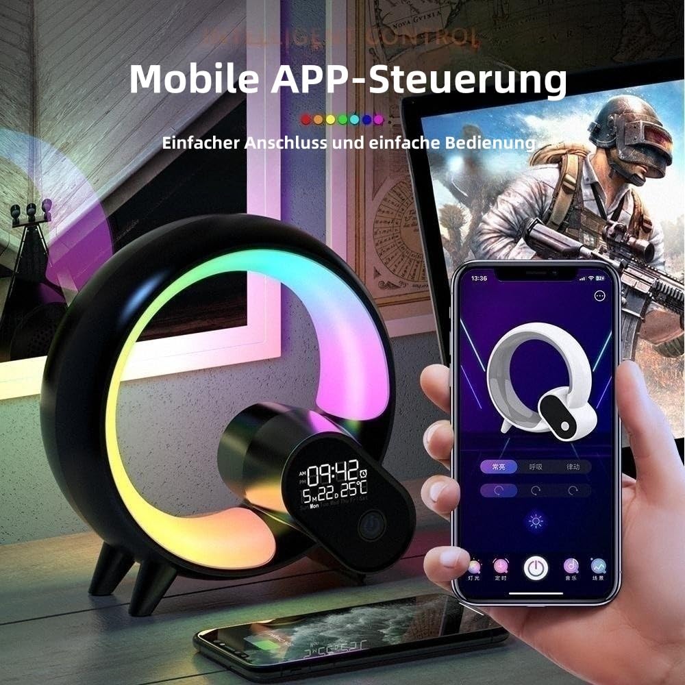 LED Nachttischlampe Lichtwecker, Wake Up Light Smart Wecker Simuliert, APP Steuerung Sonnenaufgang Bluetooth Lautsprecher, 16 Mio. Nachtlicht 256 Lichtmuster, Schwarz