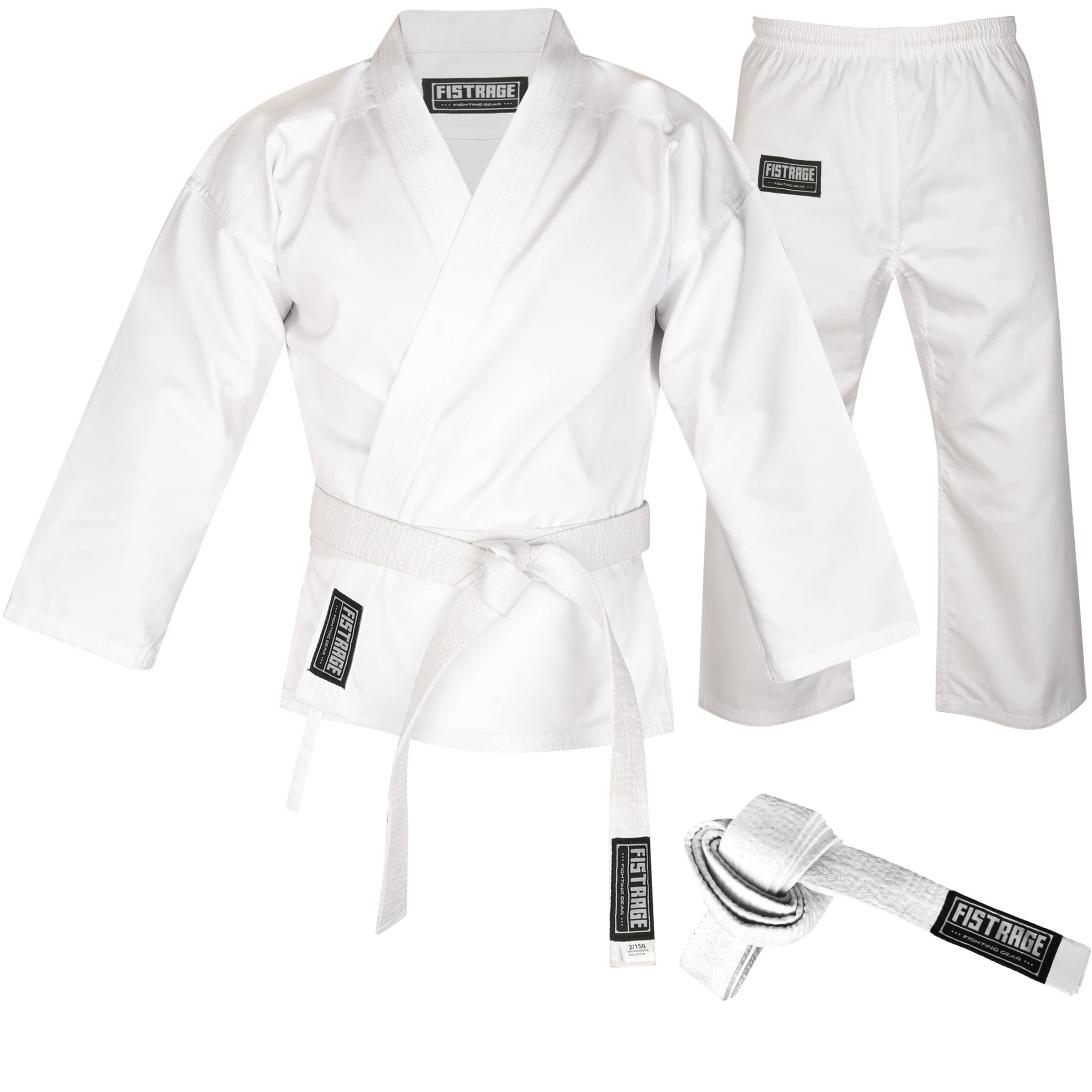 VELO FISTRAGE Karate Gi 8 oz Lightweight Uniform with Belt Soft Poly Cotton Blend Fabric for Martial Arts Beginner Training Suit (White, 2)