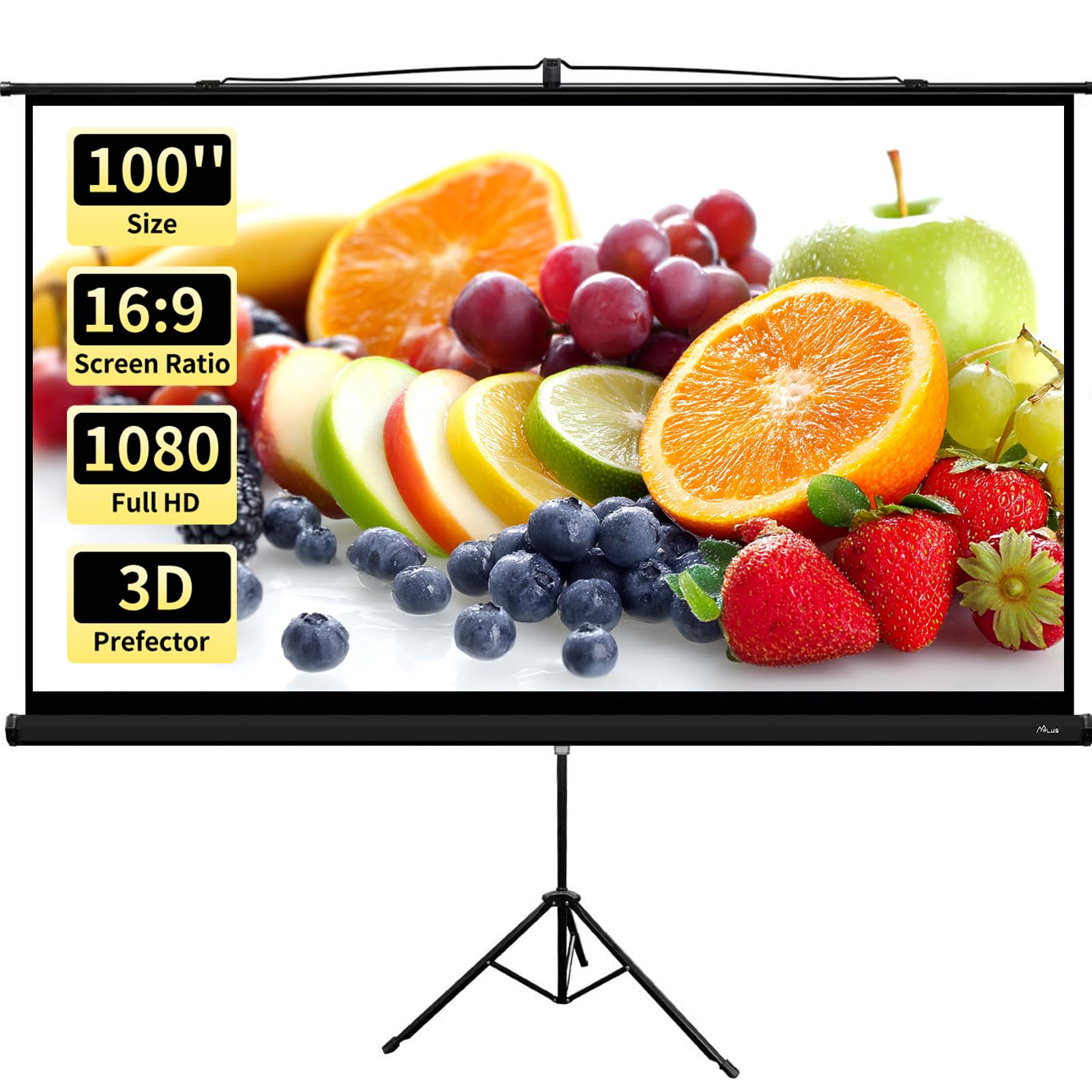 MPLUS Projector Screen 100 inch 16:9 4K HD Manual Pull Down with Tripod Stand Auto Lock Mechanism Metal Coating Mounted Projection Screen for Home Theater Cinema Indoor Outdoor