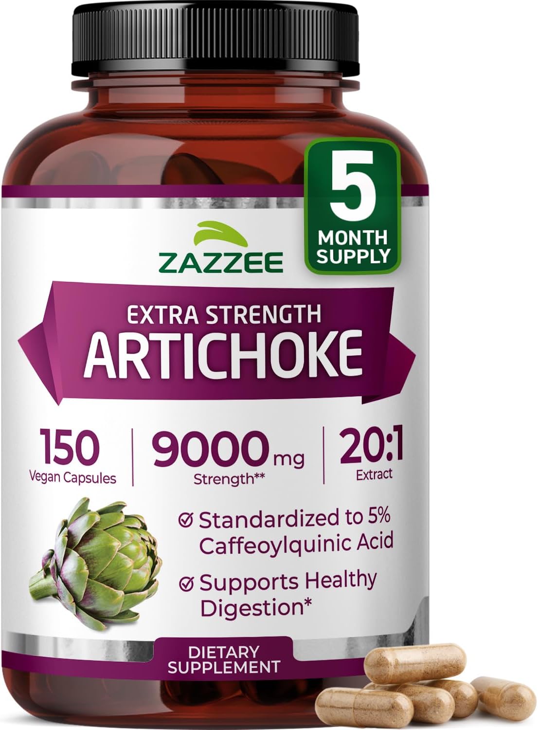Zazzee Extra Strength Artichoke 20:1 Extract, 5% Caffeoylquinic Acid, 150 Vegan Capsules, 5 Month Supply, Cynara Scolymus, Digestive & Liver Detox Support, Herbal Supplement, Non-GMO, Made in the USA