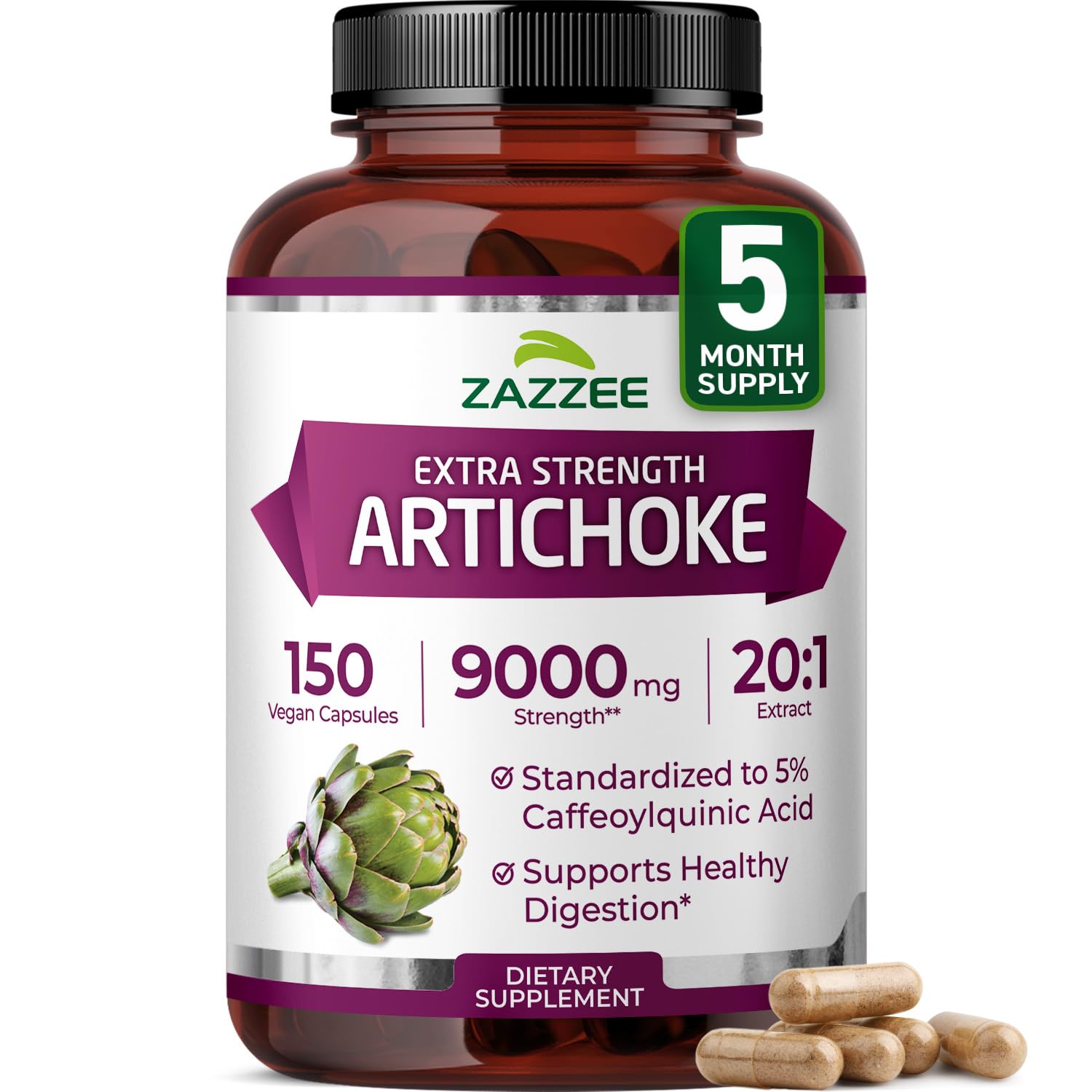 Extra Strength Artichoke 20:1 Extract, 9000 mg Strength, 5% Caffeoylquinic Acid, 150 Vegan Capsules, 5 Month Supply, Concentrated and Standardized 20X Extract, Non-GMO and All-Natural