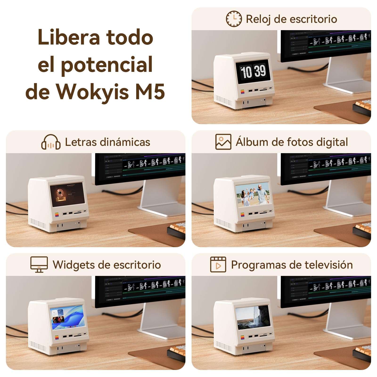 Estación de acoplamiento retro M5 para Mac mini M4, pantalla HD de 5 pulgadas, carcasa SSD M.2 NVMe de 10 Gbps, lector SD/Micro SD 4.0, 4 USB-A, 1 USB-C de 10 Gbps, conector de auriculares de