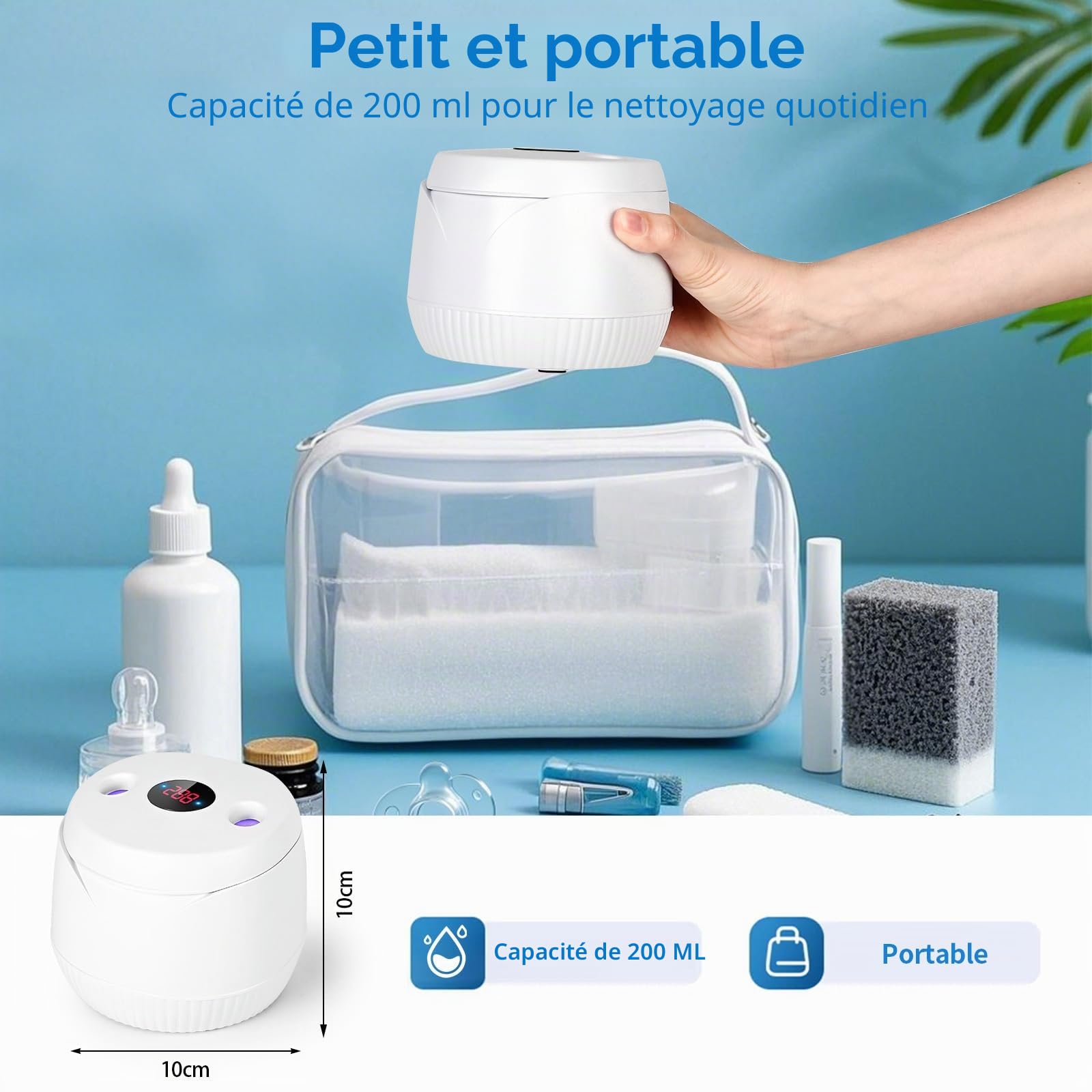 Nettoyeur Ultrasonique Dentaire avec UV, Vanakrr 45000Hz 25W Portable Pod Dentaire pour Gouttières, Prothèses, Attelles et Aligneurs - 4 Lampes UV-C, 200ml, Blanc