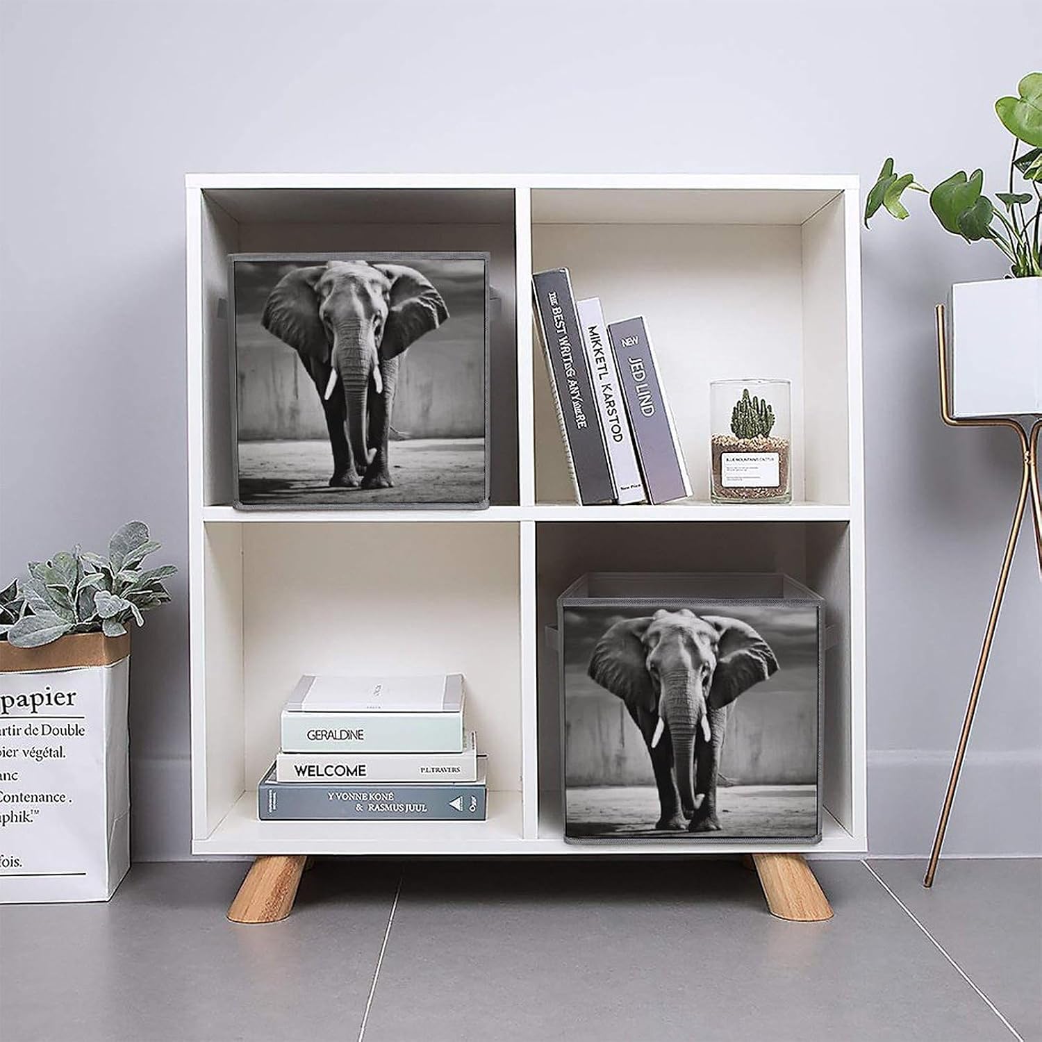 Black And White Elephant Storage Cubes Set of 6 Storage Bins with Handles Collapsible Storage Basket Fabric Storage Box for Shelves Large Closet Shelf Organizer for Organization 11 Inch