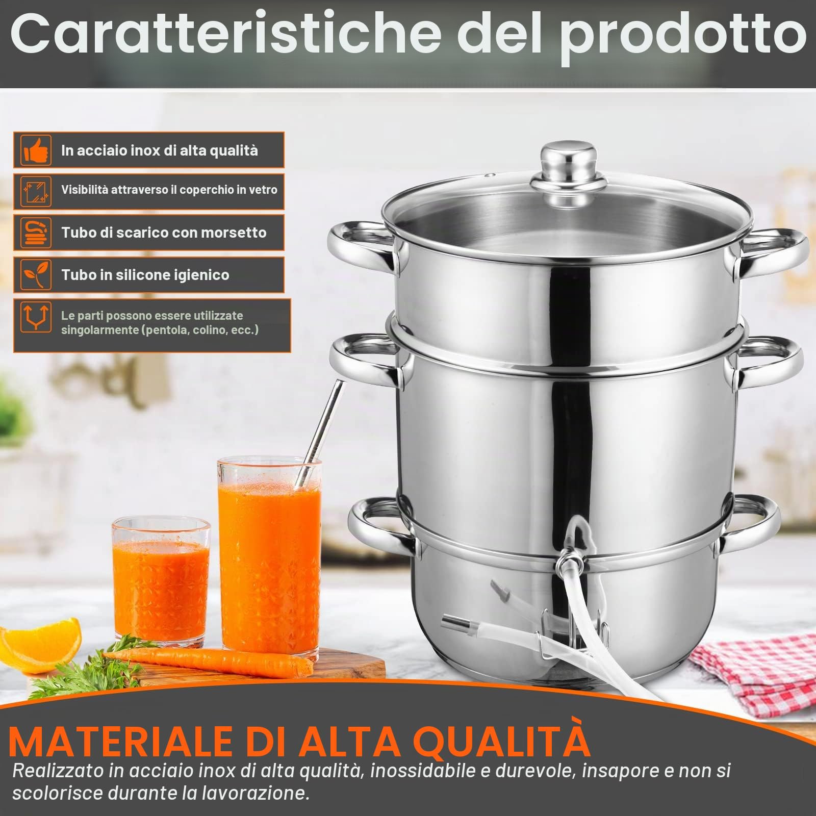 Estrattore di Succo a Vapore 16L Ø 26 cm con 4 Bottiglie, Spremiagrumi a vapore in acciaio inox per ca 8 kg di Frutta, adatto per tutti i piani cottura