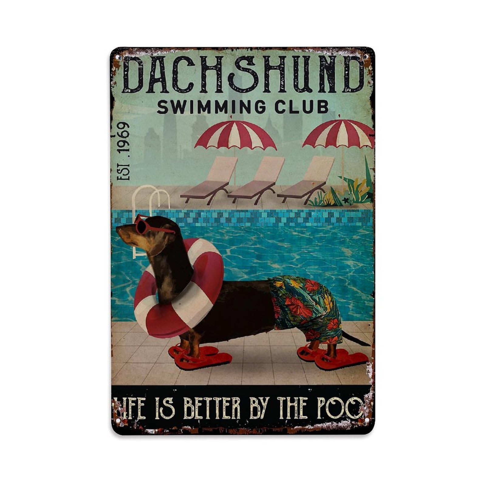 Bliveurn Vintage Dachshund Swimming Club Poster Retro Metal Tin Sign, Metal Poster For Home, Gaming Room, Studio Workshop,Bar,Garage Wall Art Decor 8X12 Inch