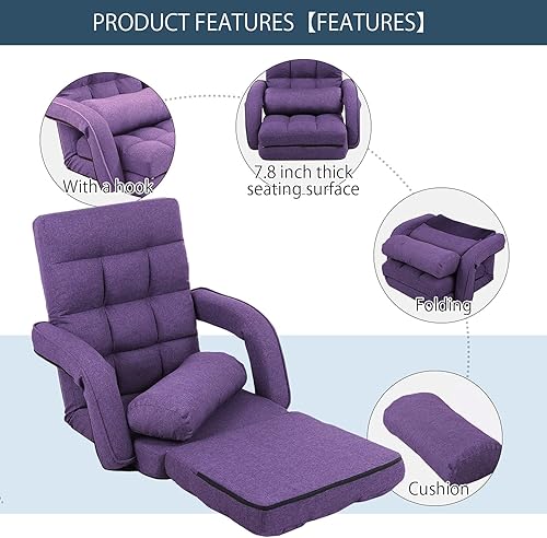 Miniatura 5 de FLOGUOR Silla de suelo, tumbona para interiores, sofá perezoso plegable ajustable de 42 posiciones con reposabrazos y una almohada, sillas