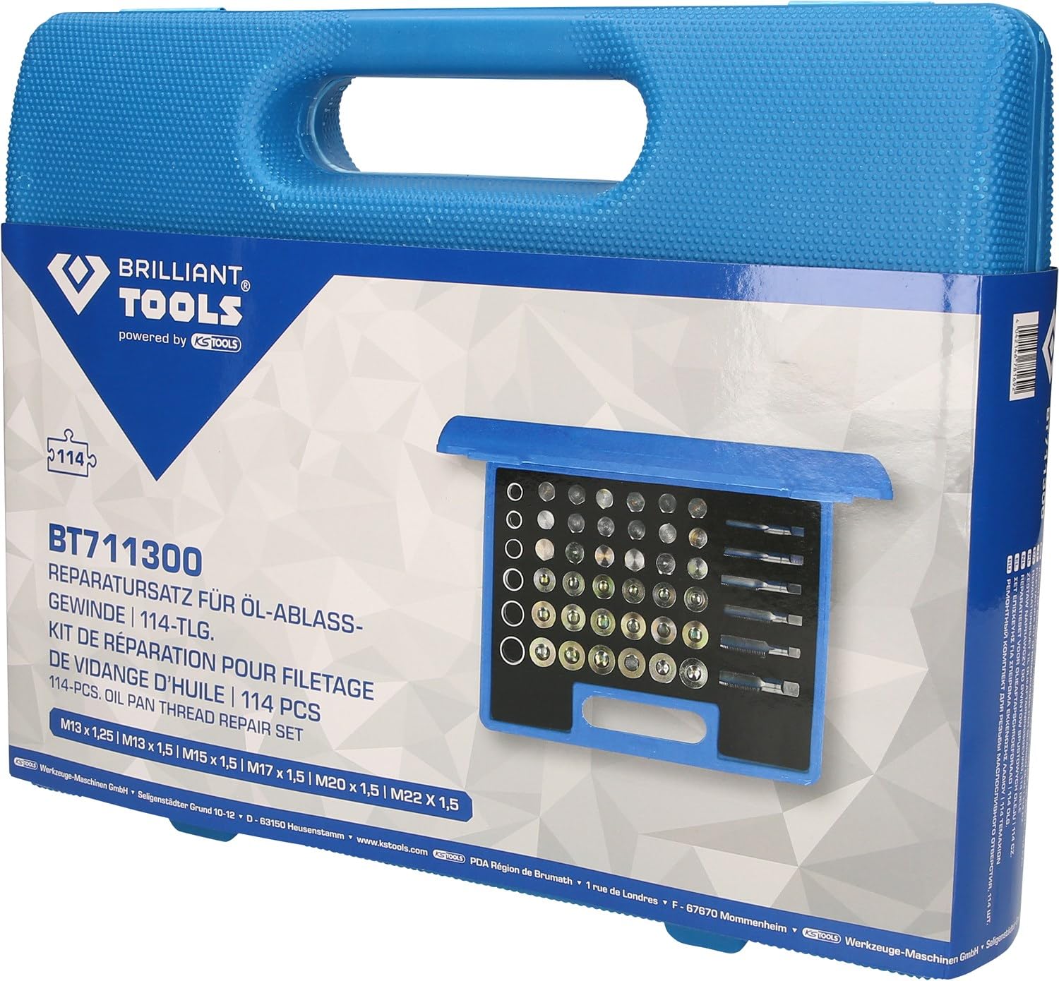 BRILLIANT TOOLS BT711300 Kit di riparazione per filettatura vite di scarico olio, 114 pz [Powered by KS TOOLS]