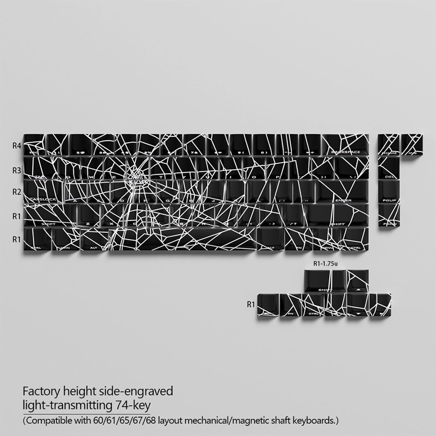 64/74Key Keycaps Customs Spiders Web Keycap Set Side Print Backlit for 60 61 63 64 65 Mechanical Keyboards Translucents Backlit