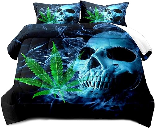 Miniatura 2 de LUVIVIHOME Juego de edredón de 3 piezas de calavera azul, tamaño King, juego de ropa de cama gótico de esqueleto 3D de terror, colcha negra de