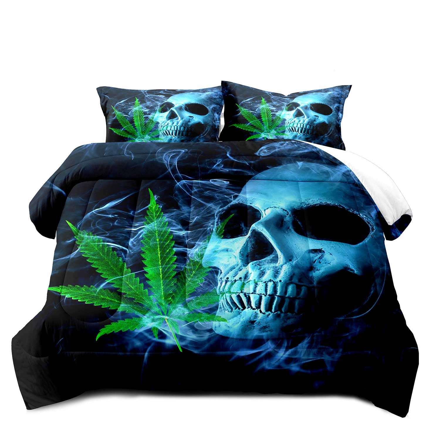 LUVIVIHOME 3PCS Blue Skull Comforter Set Queen Size, Horror 3D Skeleton Gothic Bedding Set, Green Weed Leaf Cannabis Black Quilt, Cool Bedroom Decor for Men Teens Boys, Marijuana Gifts, 2 Pillow Shams