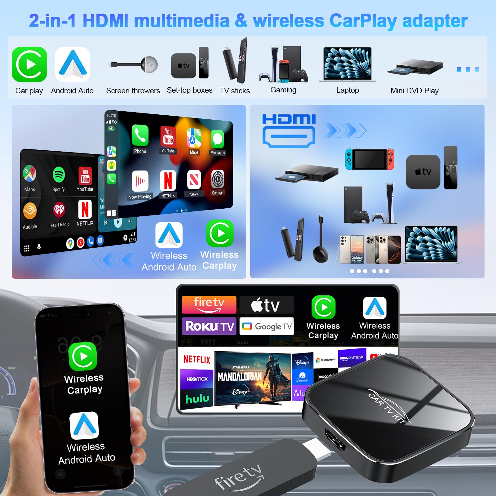 3 en 1 Car TV Mate Pro –Adaptador inalámbrico CarPlay y Android Auto y multimedia HDMI para TV Stick, consolas de juegos y duplicación de pantalla, Adaptador HDMI Car T V,para con vehículos desde 2016