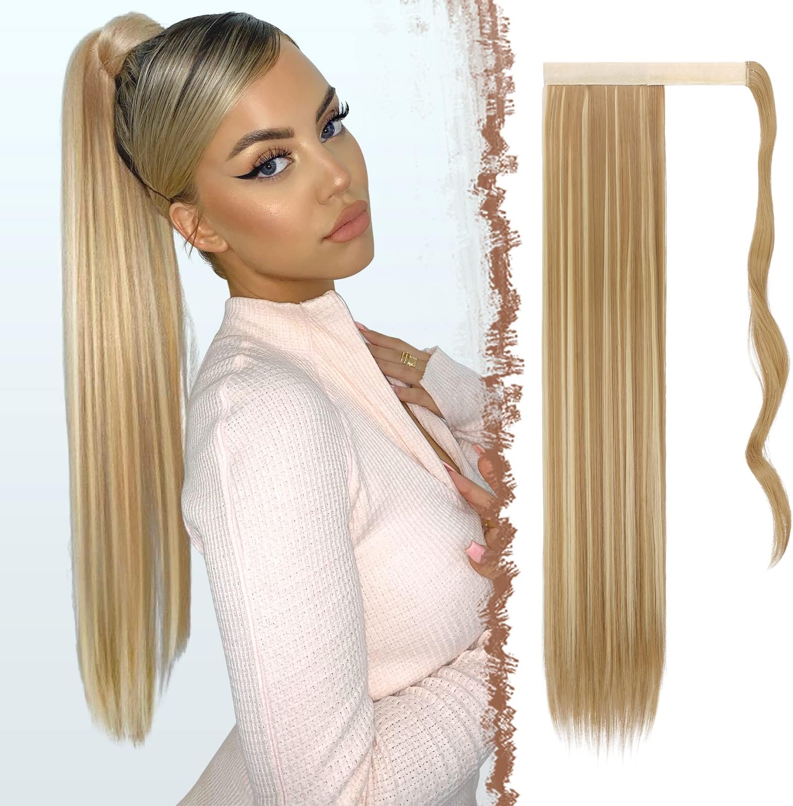 FESHFEN Straight Ponytail Extensions Long Wrap Around Ponytail Synthetic Clip in Pony Tail Hair Extensions Golden Blonde & Bleach Blonde Hairpiece for Women, 24 inch