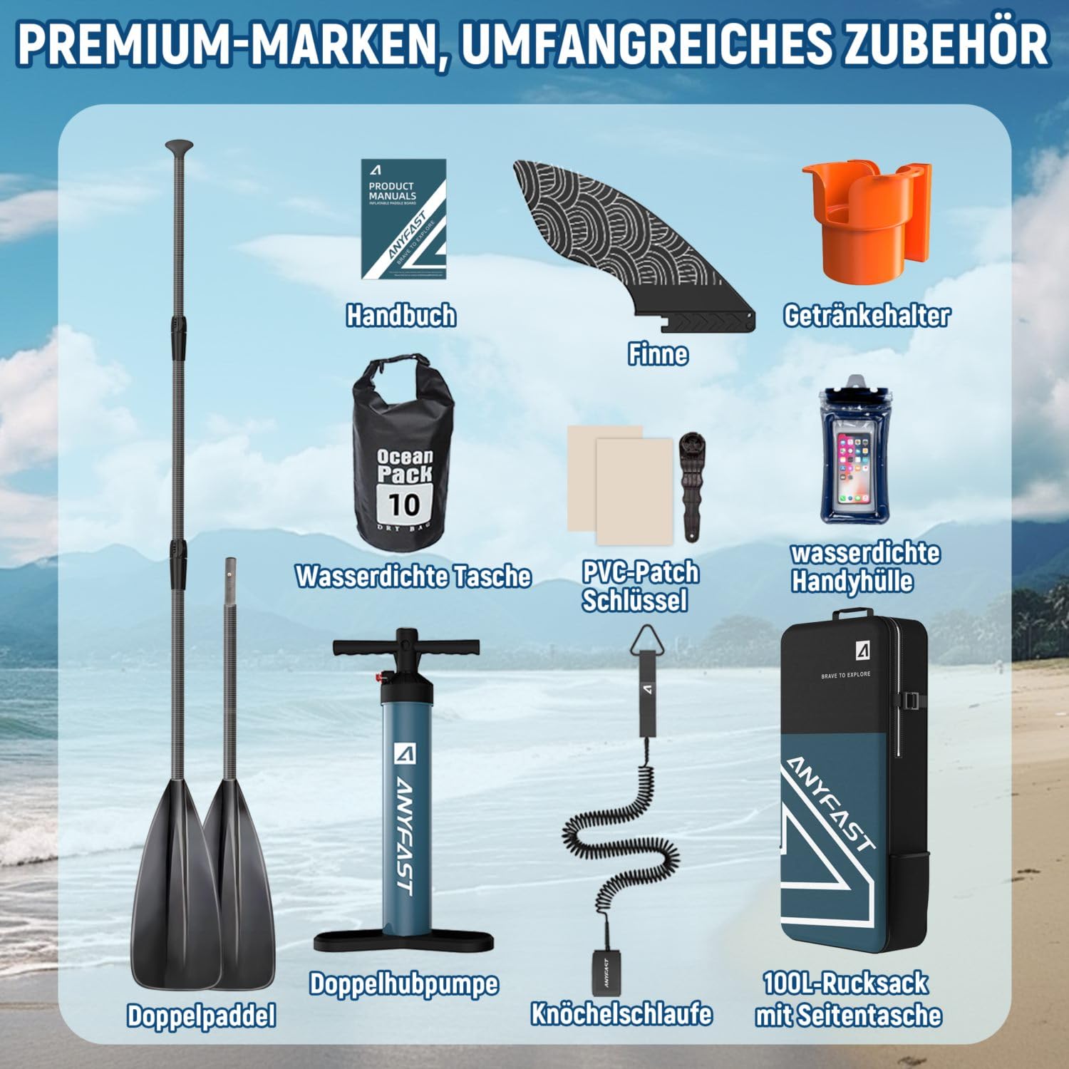 Planche à pagaie de pêche gonflable large – 204,1 kg, extra large, ultra stable, antidérapante, pompe, support pour appareil photo, laisse, sac à dos, poignée pour enfant, accessoires, surf
