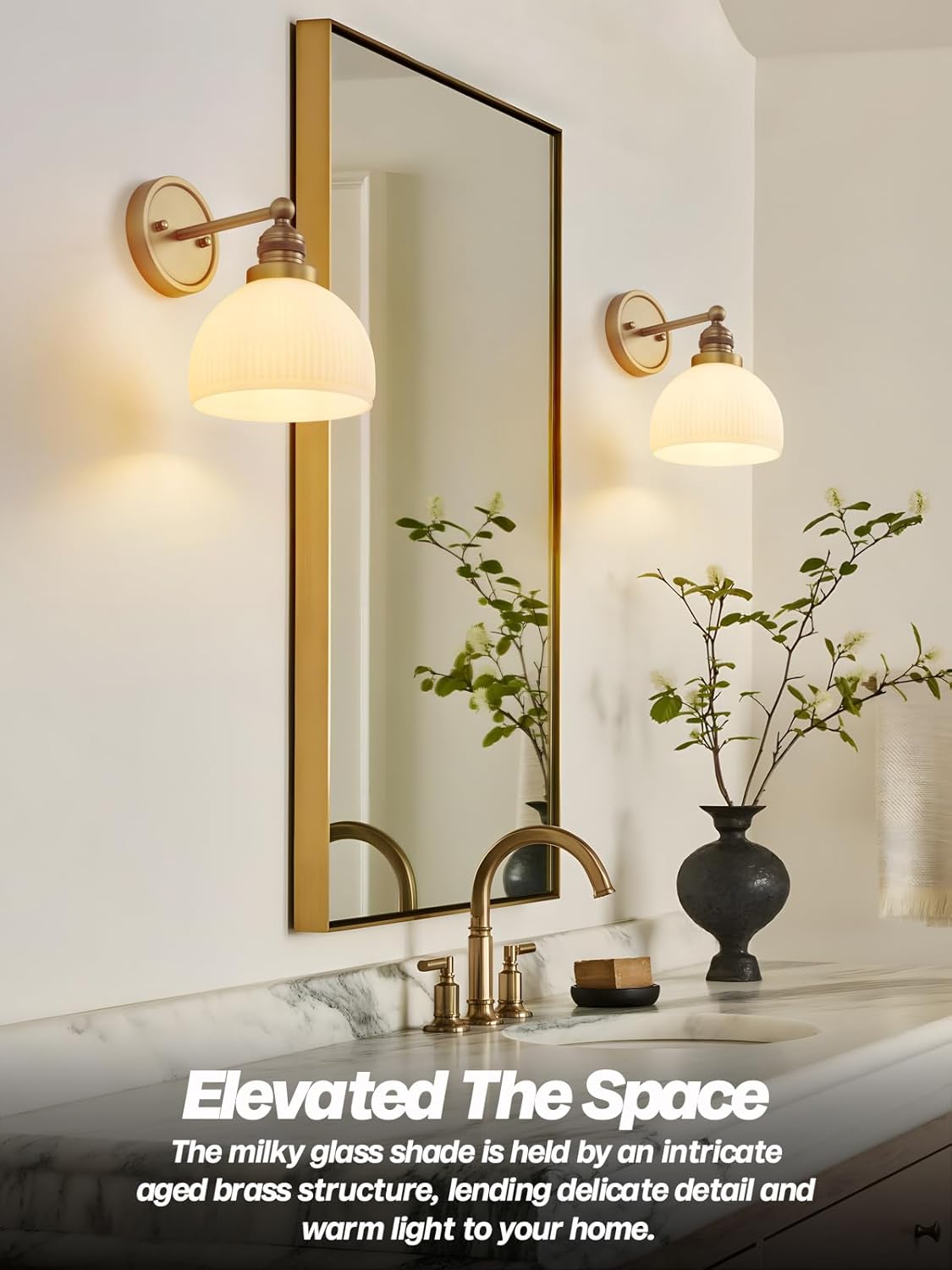 Gold Wall Sconces Vintage Bathroom Vanity Light Fixtures Modern Frosted Milk Glass Sconces Brass Sconce Wall Lighting for Living Room Bedroom Bathroom Mirror Hallway Stairway E26 Hardwire