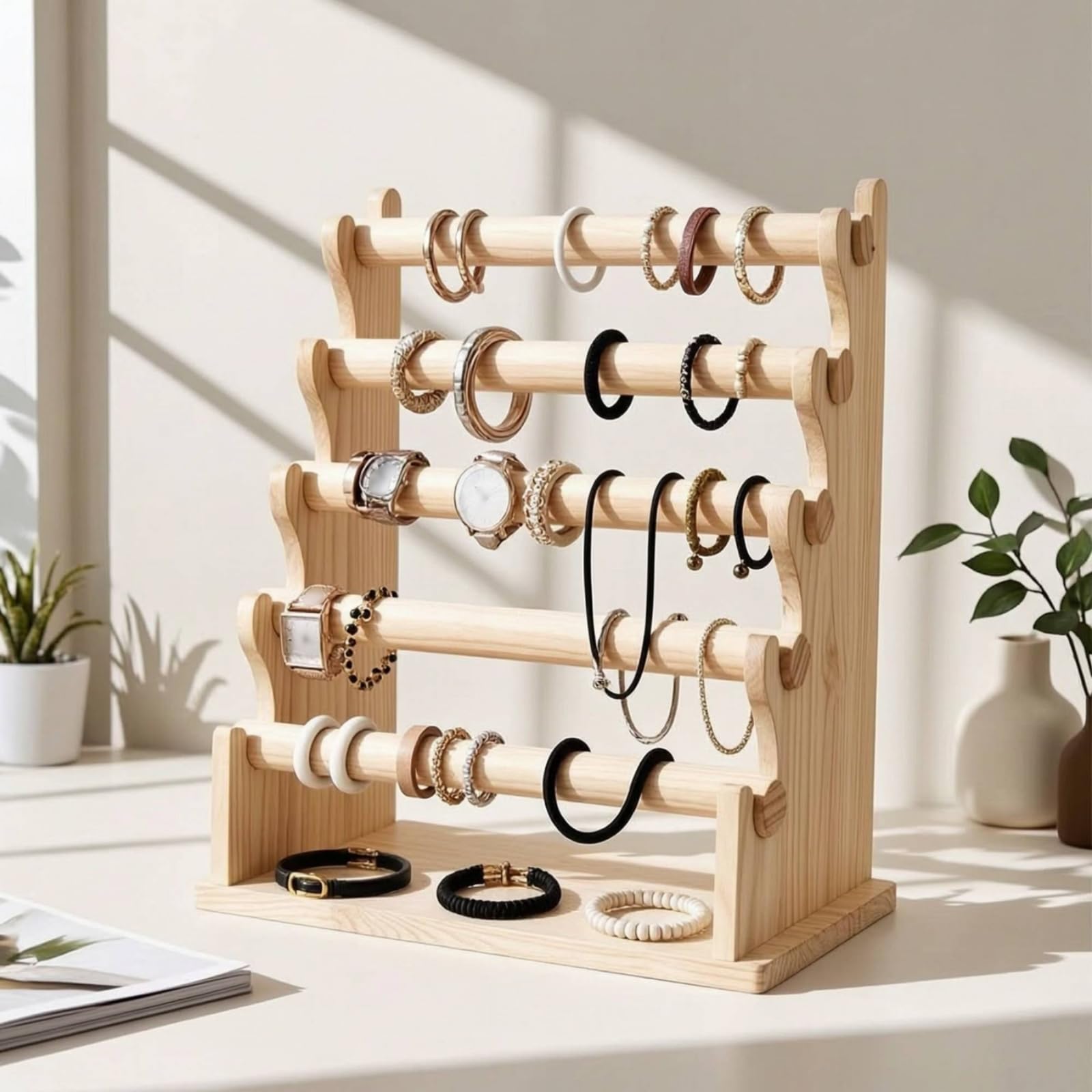 MERIGLARE Présentoir Bijoux Organisateur Bracelet Montre Collier Porte Bois Pin Esthétique Tiges Lisses Glissement Aisé Séparation sans Entrelacs Adapté au, 33 18 40.5 Cm