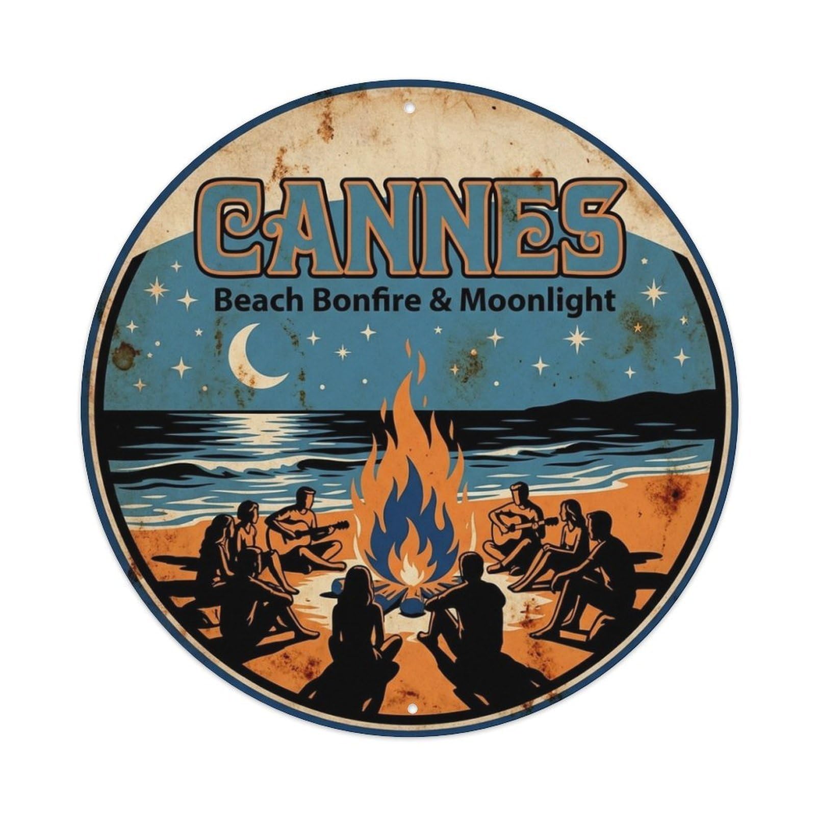 France Cannes Riviera Travel Beach Bonfire Moonlight Metal Tin Sign
