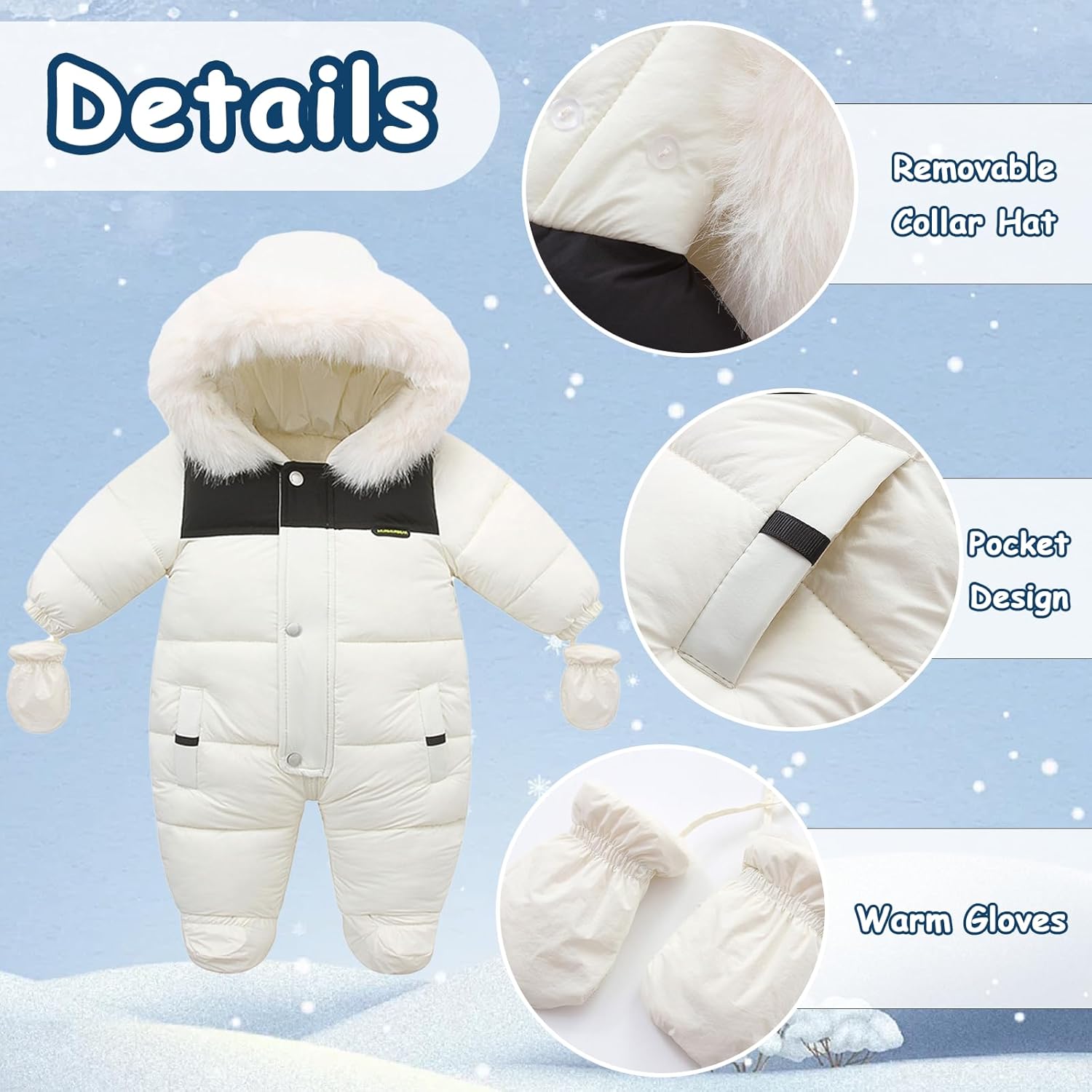Fairy Baby Infant Baby Winter Snowsuit Coat Romper Hooded Double Zipper Fur Collar Warm Jumpsuit for Boys Girls 6-24 Months - Image 4