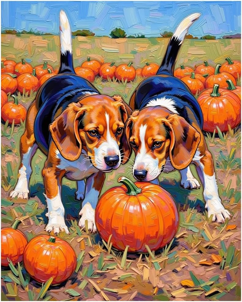 EnLvYY Beagle Dogs Paint by Numbers for Adults, DIY Acrylic Painting Kit for Beginners, Beagles in Pumpkin Patch Wall Art, Gift for Dog Lovers and Fall Enthusiasts,16X20IN Framed