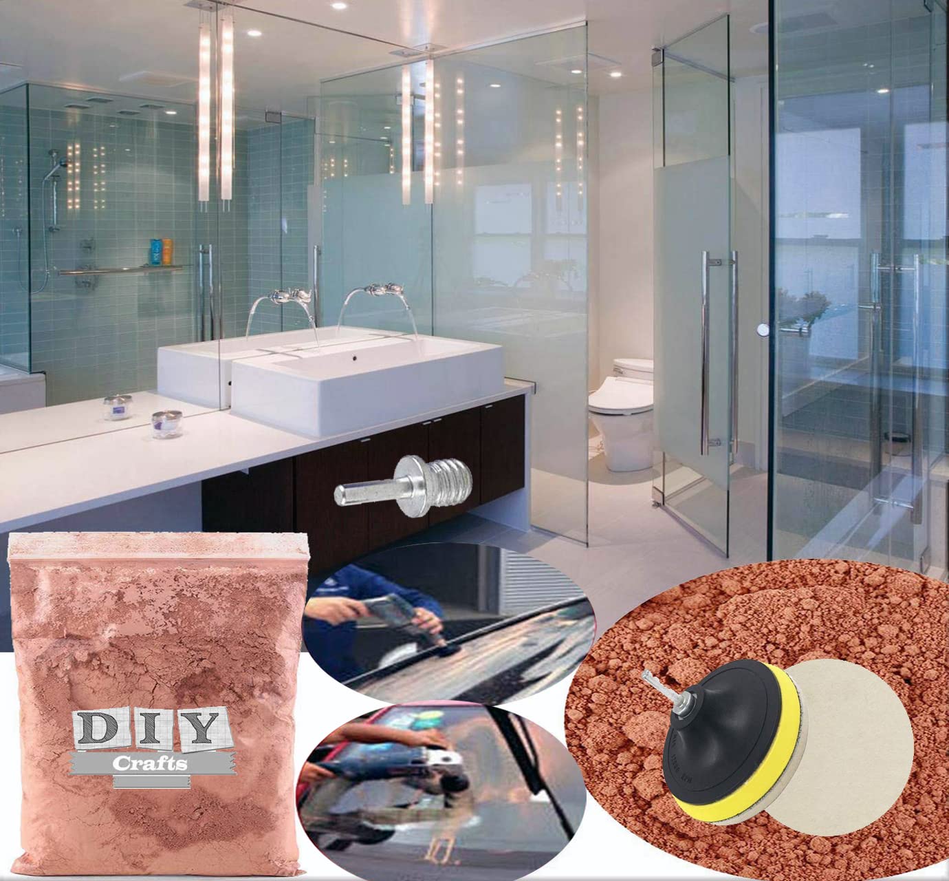 DIY Crafts 300 Grm, 4" inch Kit, Wool + Felt + Backer Pad Hoop Loop + Cerium Oxide Powder/TREO 2.5microns/1.75oz Polishing Buffing Powder Wheel Pad + Unive (300 Grm, 4" inch Kit) 1