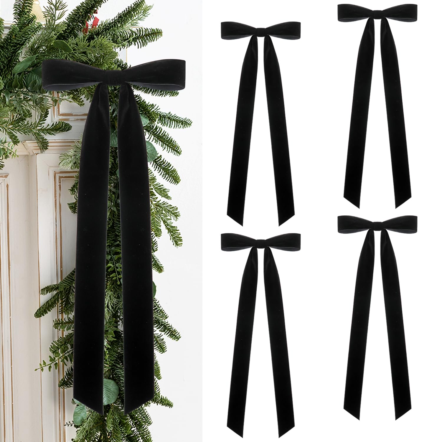 4 Pcs Rustic Large Christmas Velvet Bows Decorations - 23.6 x 8.66 Inch Vintage Ribbon Bow for Xmas Tree Topper Wreath Garland Fireplace Staircase Home Decor (Black)
