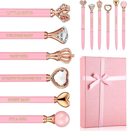 6 bolígrafos rosa para baby shower para niñas, bolígrafos de cristal con diamantes, suministros de bolígrafos de tinta de gel de bienvenida para
