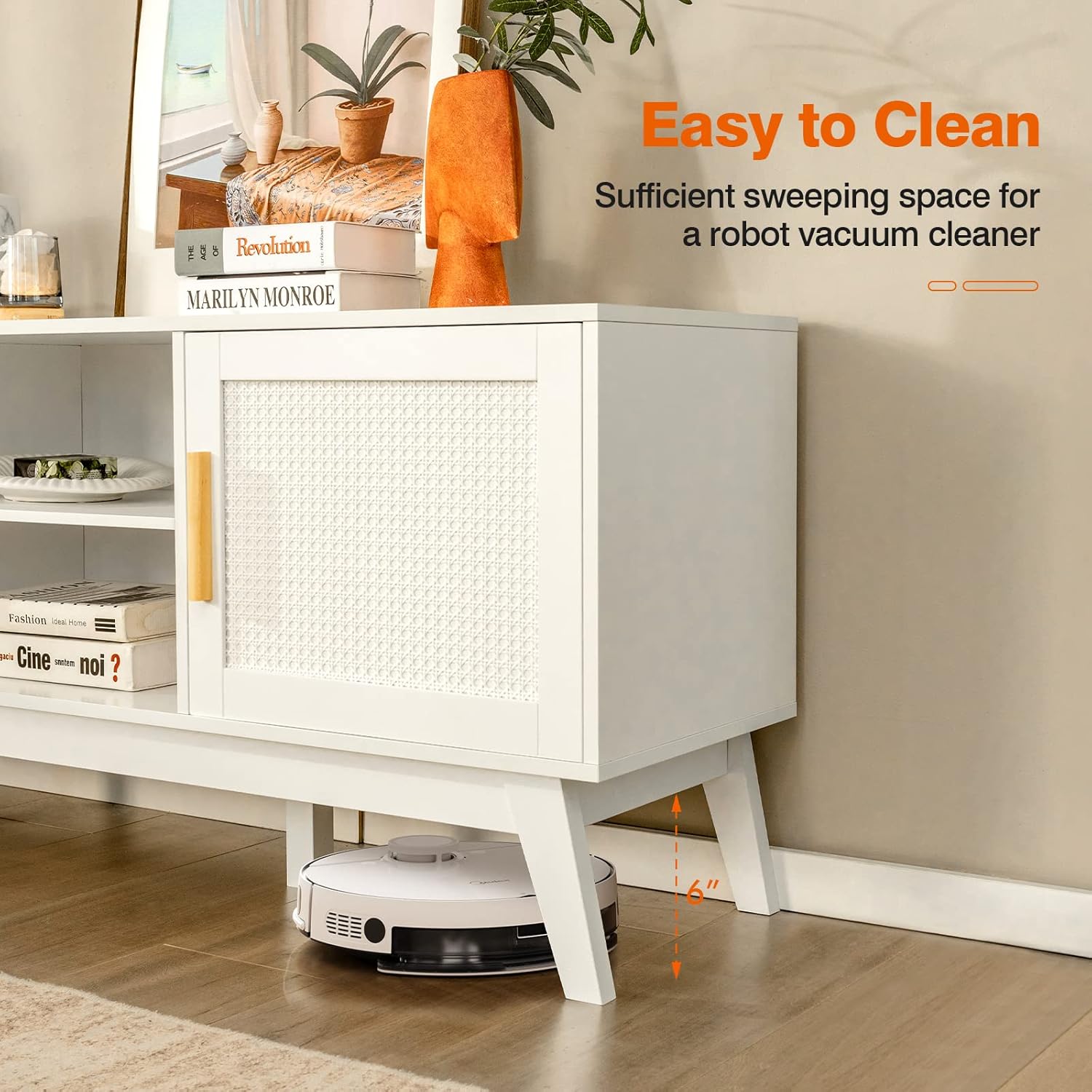 Tangkula Rattan TV Stand for TVs up to 65", Media TV Console Table w/Adjustable Shelf, 2-Door Cabinets, 6 Support Legs, Cable Holes, Wood Modern Entertainment Center for Living Room (White)