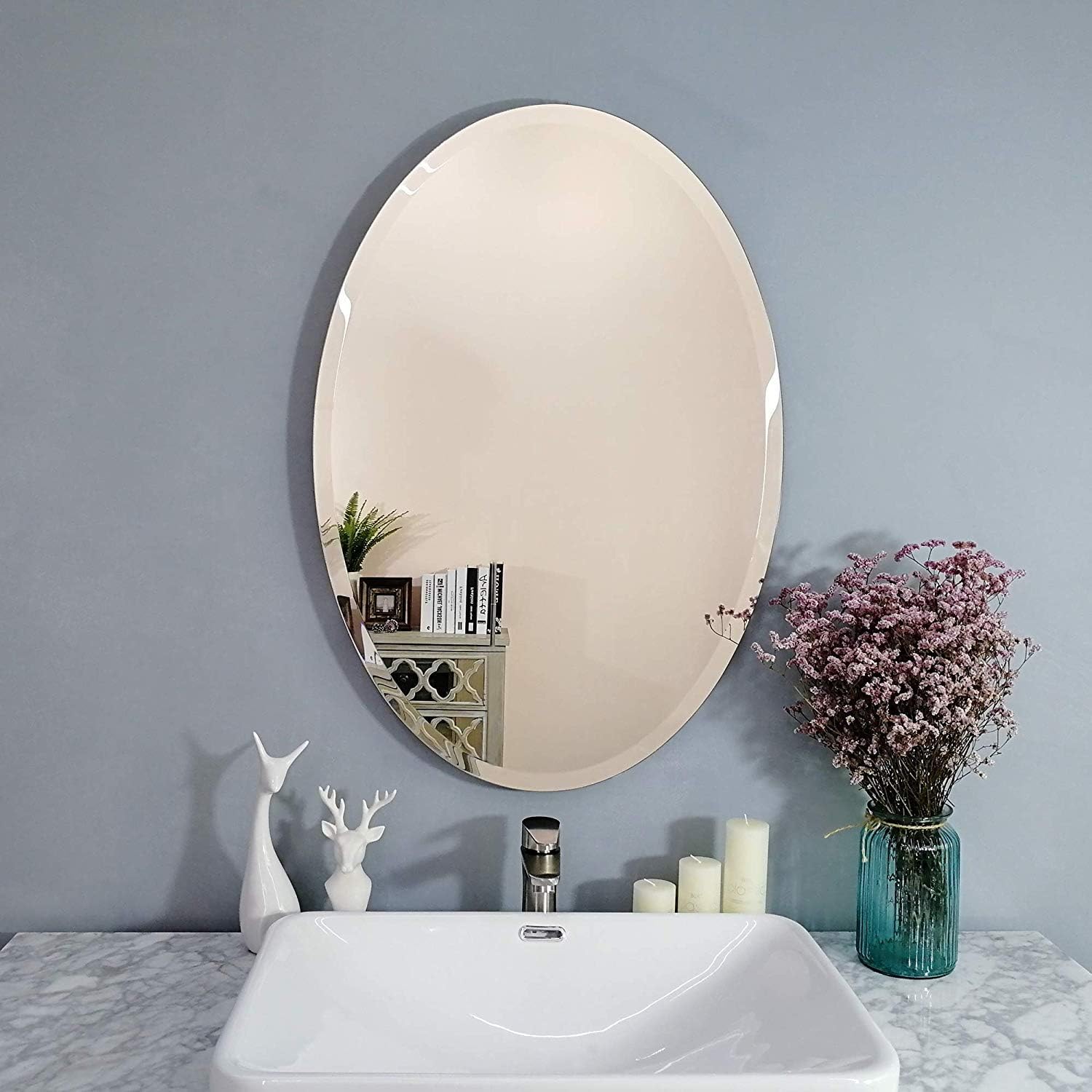 Creative Arts n Frames 5mm Thick Exquisite Beveled Frame Less Oval Wall Mount Mirror for Bathroom, Washroom and Wash Basin Home Decor Items (12x18 Oval Beveled)