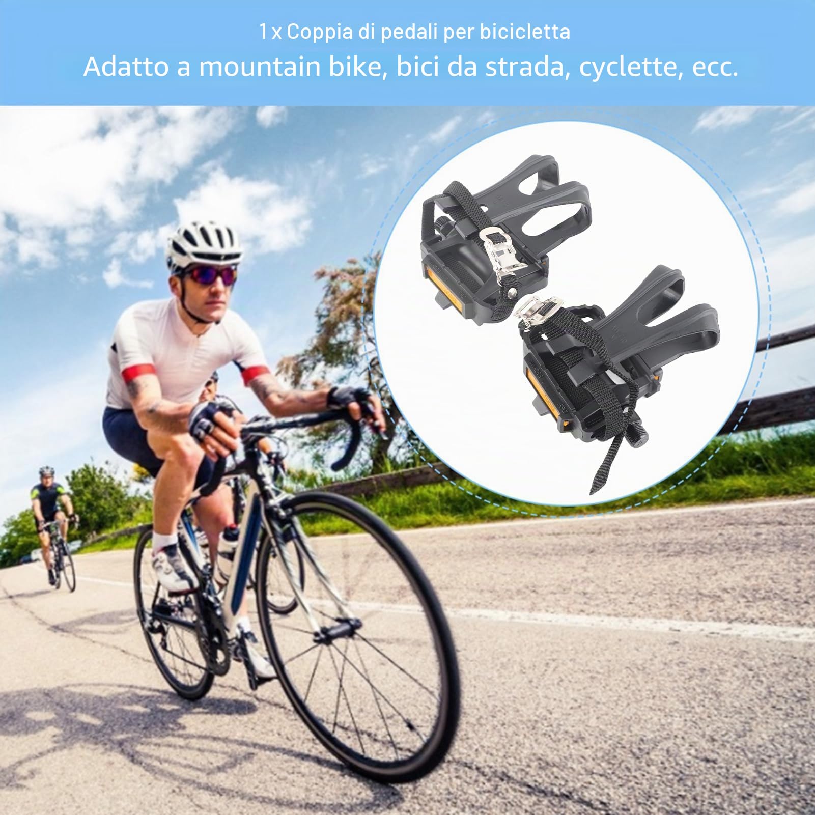 Pedali per bicicletta con clip e cinghie, pedali antiscivolo, per cyclette, bici da corsa, spinning e mountain bike