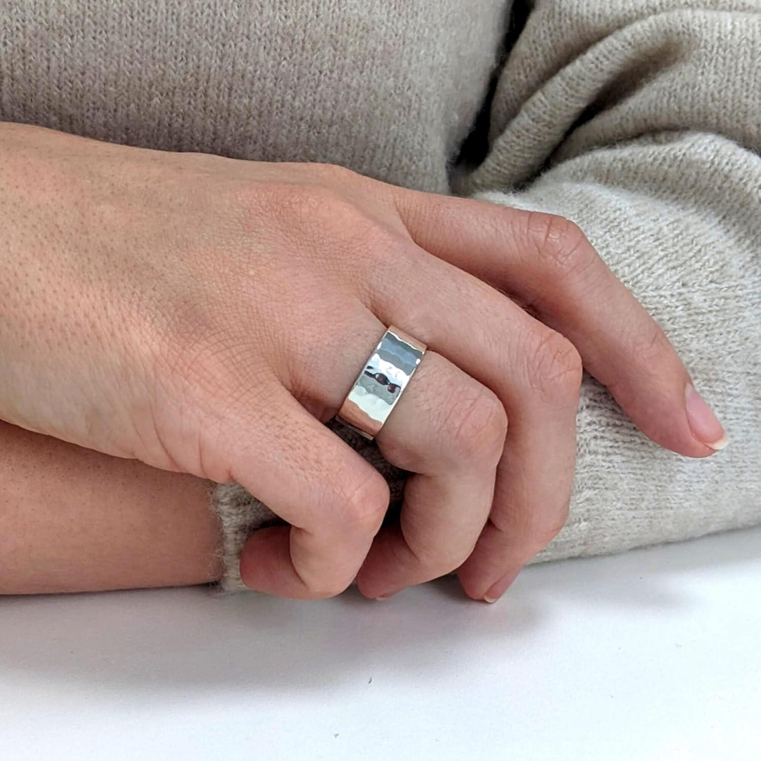 Silverly 925 Sterling Silver Hammered Rings - 8mm Flat-Edge Band Ring - Chunky Classic Design - Textured Cigar Ring for Women and Men - Minimalist Wedding Rings His and Hers