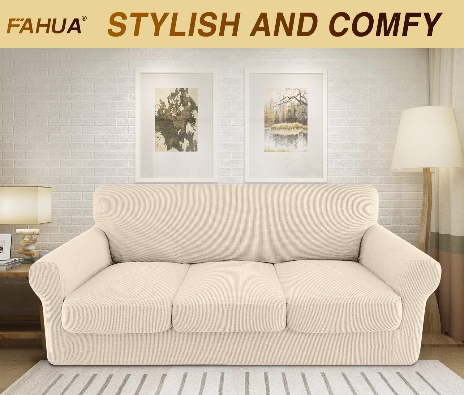 FAHUA 4 Piece High Stretch Couch Covers for 3 Cushion Couch Soft Sofa Cover with Separate Cushion Cover Form Fit Sofa Slipcover Furniture Protector Machine Washable (Large, Beige)