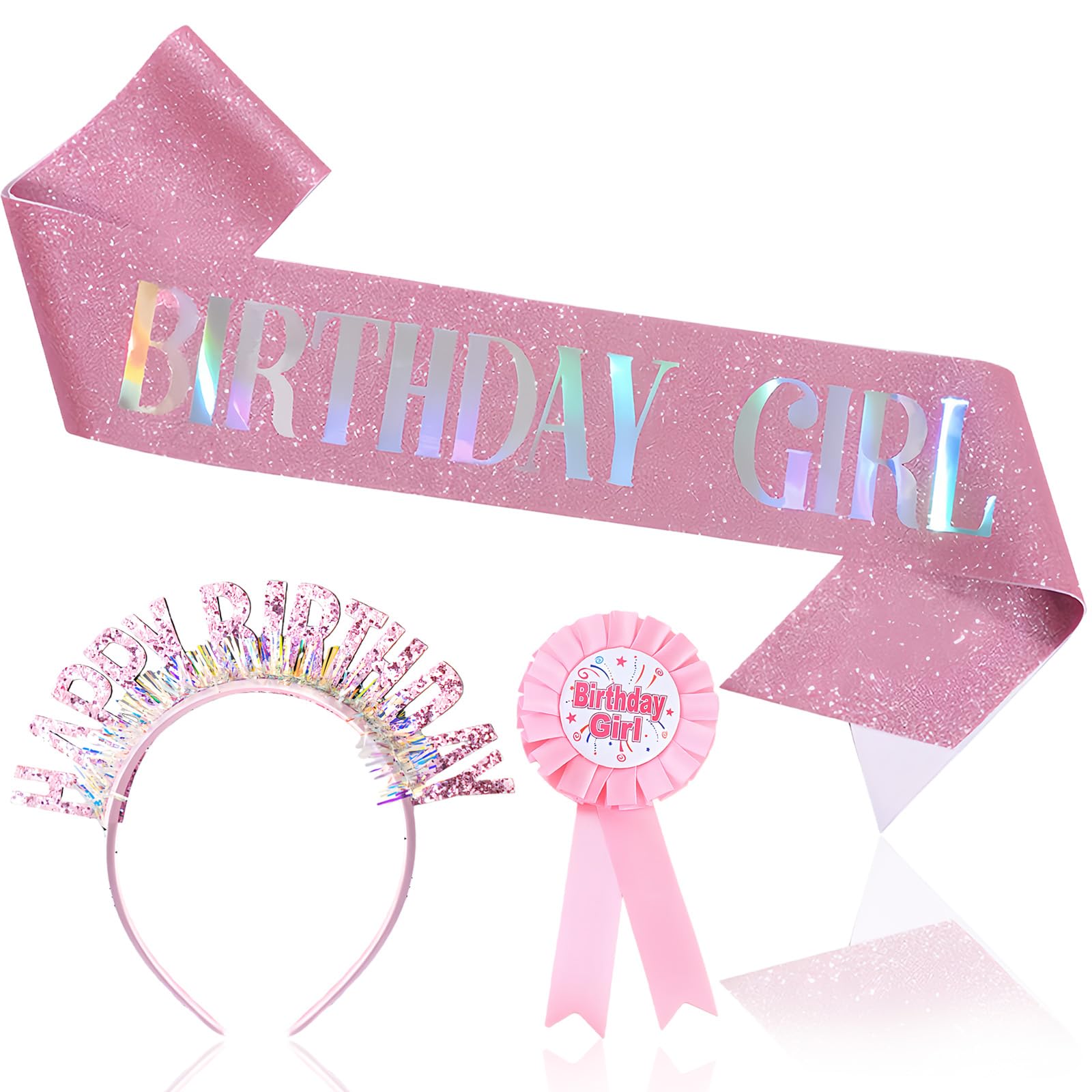 nuneoeuo 3 PCS Birthday Sash and Tiara Badge Set, Happy Birthday Sash for Women Pink Birthdays Girl Headband Fun Party Accessory Kit, Happy Birthdays Girl Badge for Family and Friends