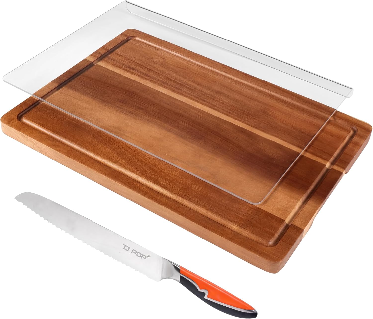 Acrylic Cutting Board & Acacia Wood Cutting Board Set with VG-10 Stainless Steel Santoku Knife, Kitchen Prep Bundle for Meat, Vegetables & Fruits