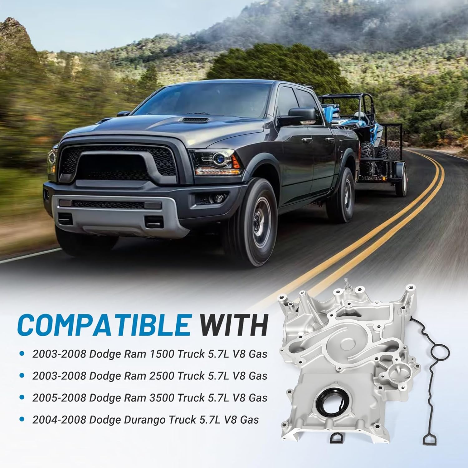 53021323AJ Aluminum Timing Chain Cover Assembly,Compatible with 2003-2008 Dodge Ram 1500 2500 3500 Durango Truck 5.7L Gas,Replacement 53021323AG