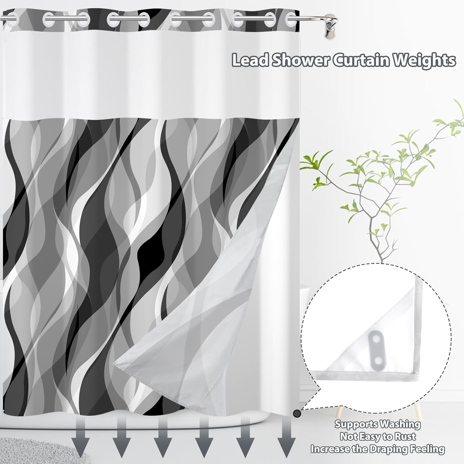 No Hook Shower Curtain,Grey Black Modern Double-Layered Shower Curtain with Snap-in Liner and Weights,Striped Gray Fabric Bath Curtain with See Through Mesh, 71x74in