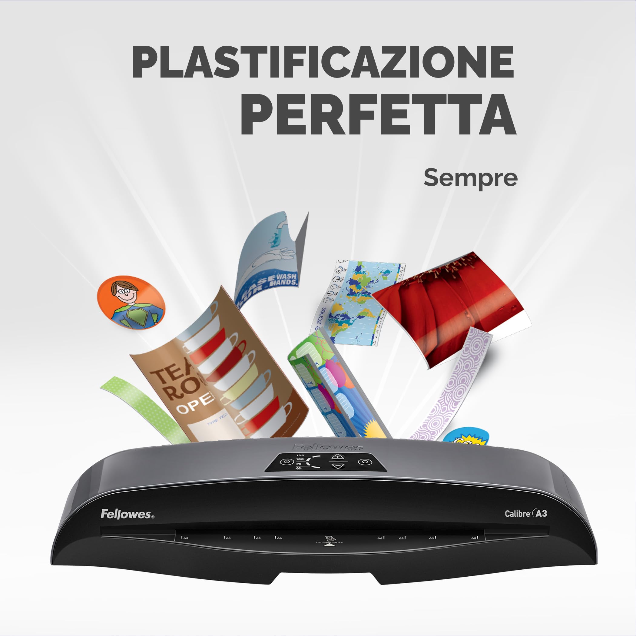 Fellowes Plastificatrice A4 Calibre per piccoli uffici, Pronta in 1 minuto con Spegnimento e modalità Riposo, 80-125 Micron, Kit con 10 fogli A4 per plastificazione incluso, Nero