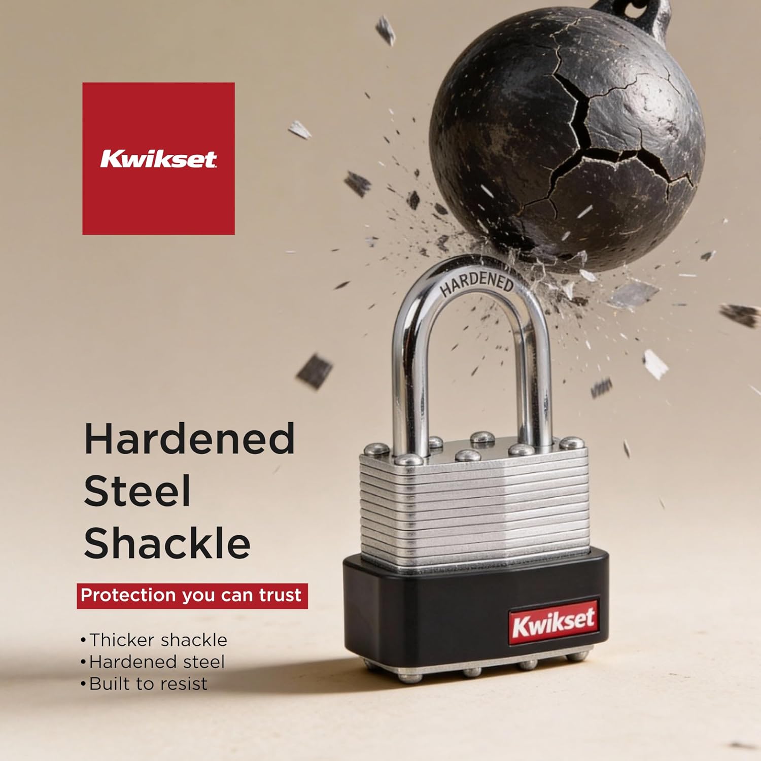 Kwikset Laminated Steel Padlock with Hardened Steel Shackle, Outdoor Gate and Fence Lock, 1-9/16 in Body, 1-1/2 in Shackle, 2 Pack Keyed Alike, Silver