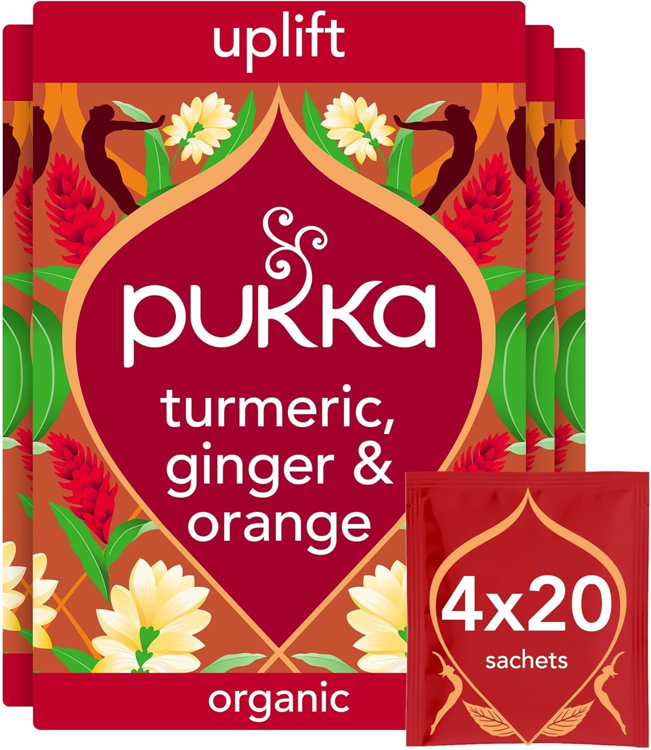 Pukka Herbs | Turmeric Active Organic Box |Tea With Ginger, Turmeric, Nettle & Orange | Ideal For Boosting Energy | 4 Packs | 80 Plant Based Biodegradable Tea Bags