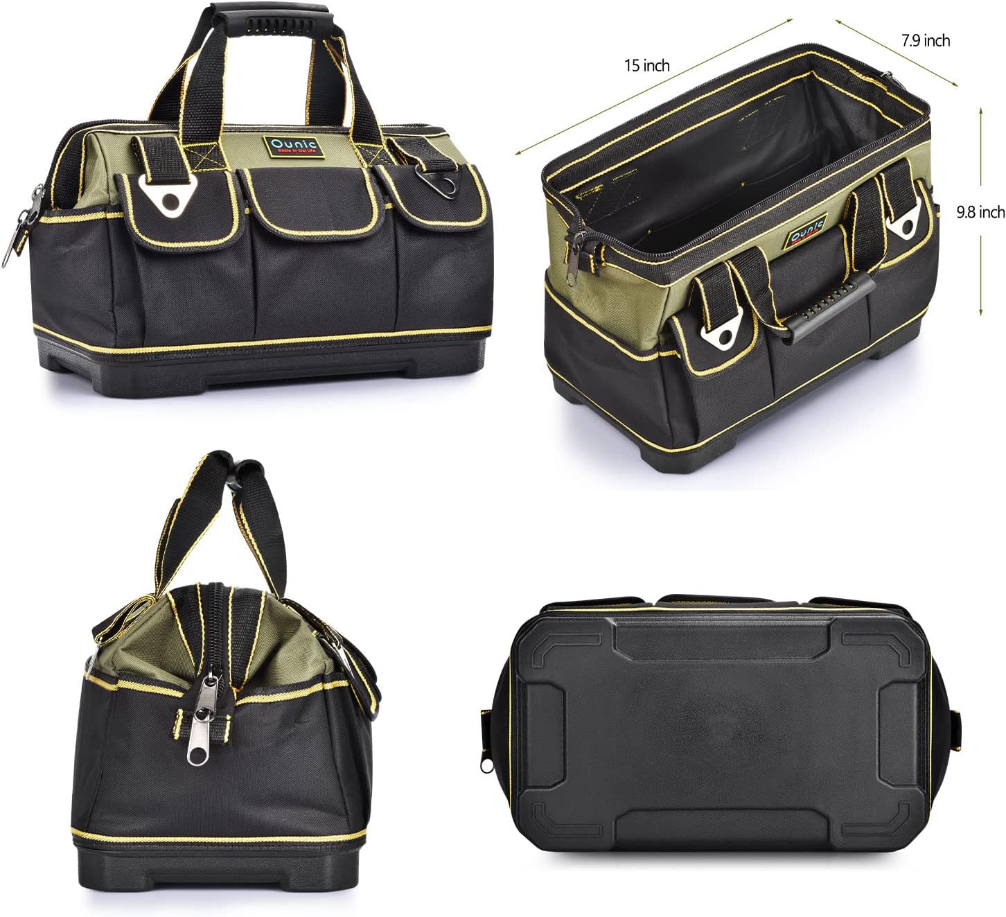 Ounic Tool Bag, 15 Inch Wide Mouth Tool Bag for Men Women with Waterproof Strong Molded Base, Heavy Duty Tool Bag Organizer Bag with Adjustable Shoulder Strap Specially Designed for Various Tools : Tools & Home Improvement