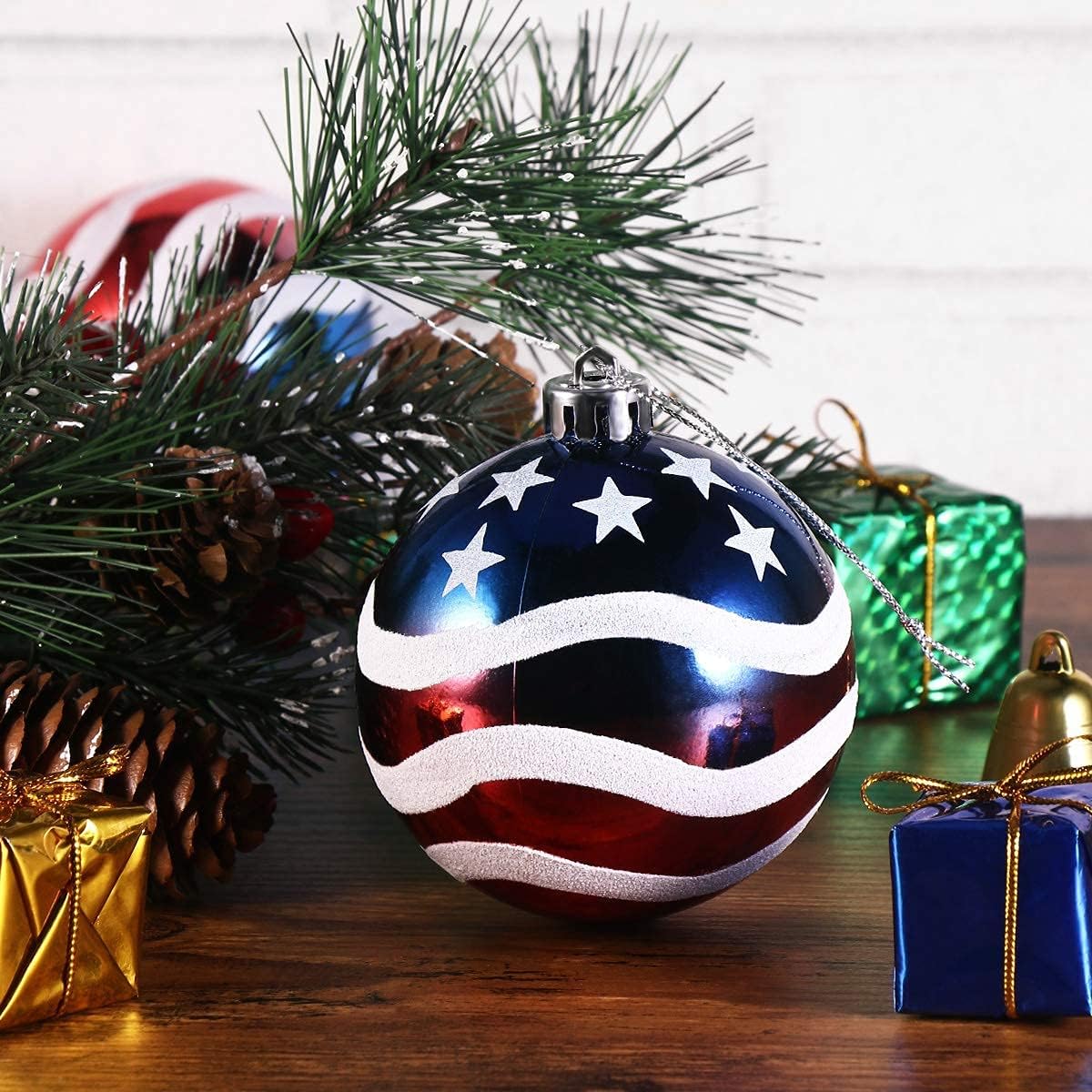 6pcs 3-1/4" (80mm) Patriotic Christmas Ball Ornament, American Flag Hanging Ball, USA Independence Day Fourth of July Ball Party Decor, Holiday Wedding Christmas Tree Decorations