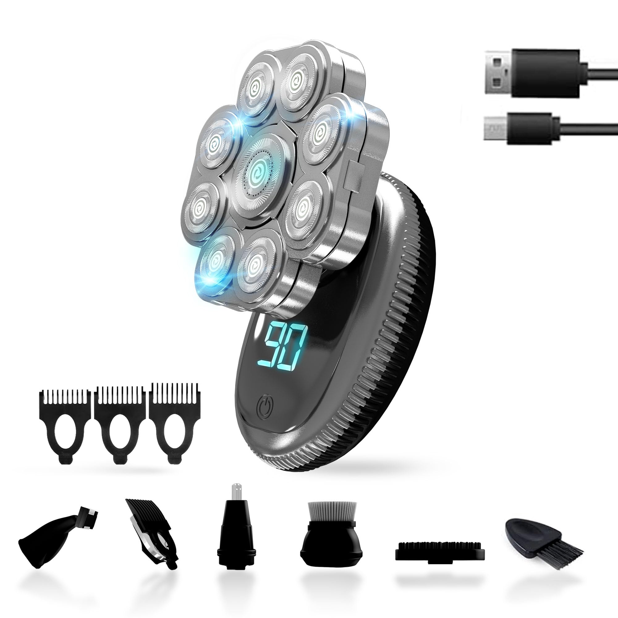 Head Shavers for Bald Men 6 in 1 - Head Shaver Kit Wet/Dry Multidirectional Floating of 9D Knife Rechargeable Head Bald Shavers for Men Wire USB + Manual
