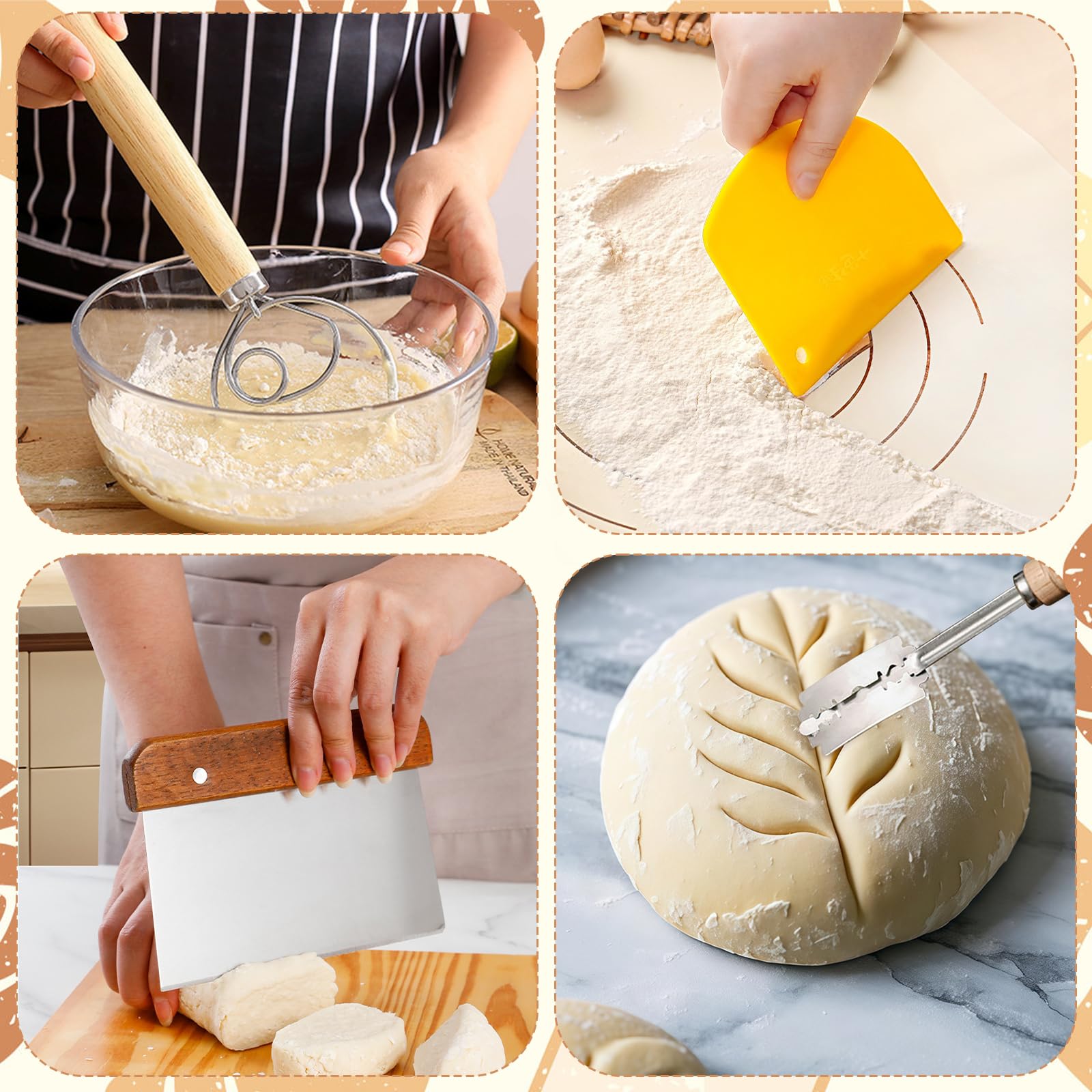 Juego de cestas de fermentación, cesta de 24 cm de silicona para hornear pan, incluye cuchillo de panadería, cortador de masa, batidor danés de acero inoxidable, cepillo de silicona, cubierta de