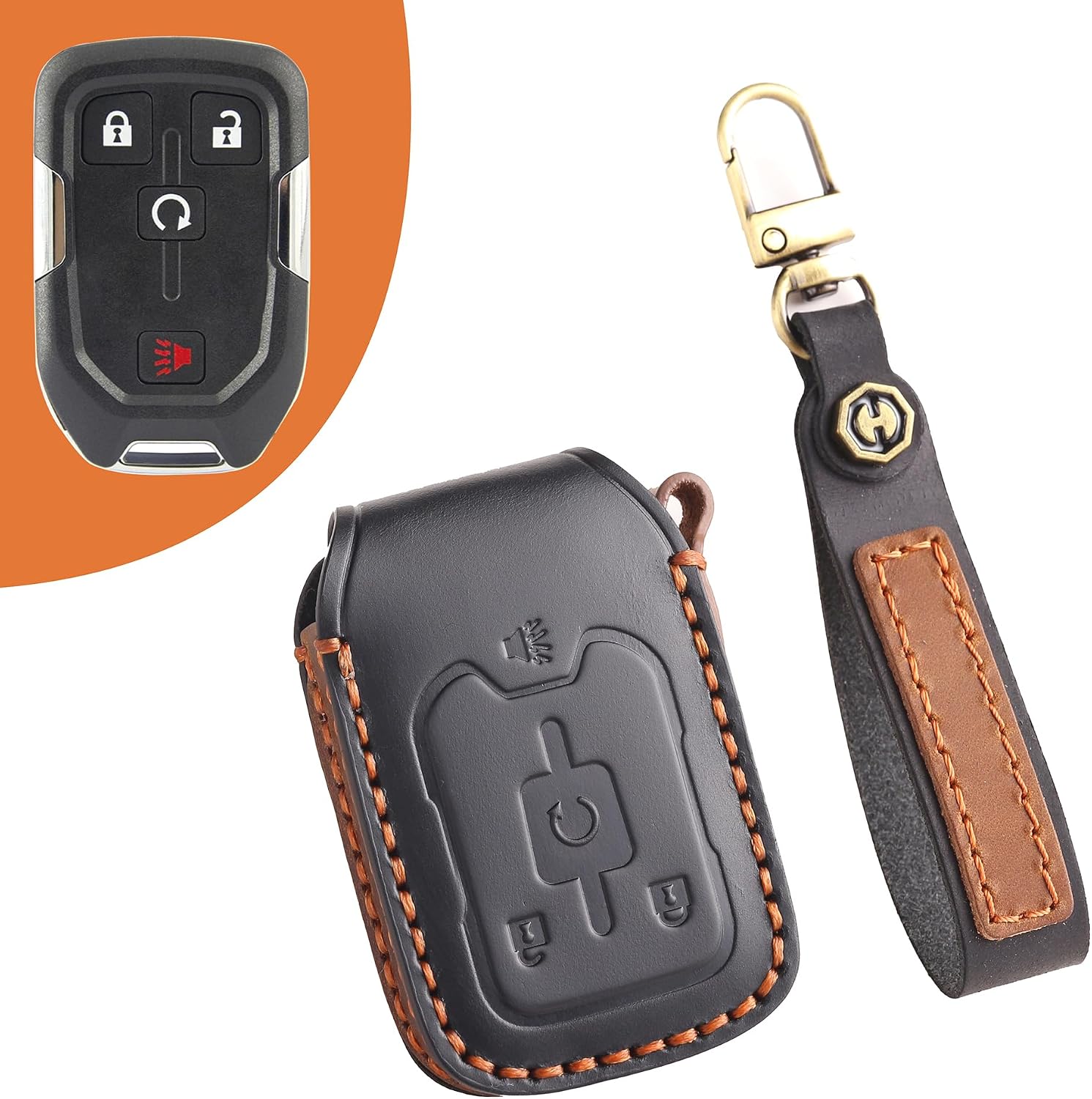 SANRILY Customized Text Keychain Handmade Leather 4 Button Key Fob Cover Compatible with GMC Terrain Denali Keyless Key Case Personalized Gifts Black