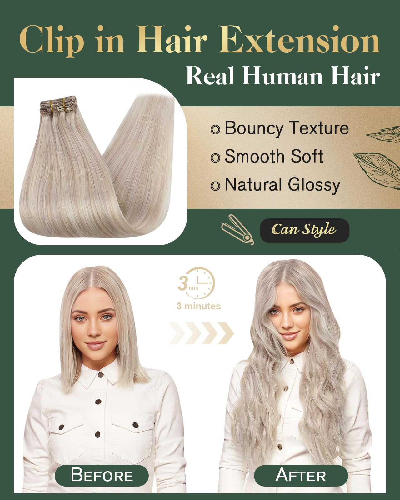Ugeat Clip in Hair Extensions Real Human Hair Highlight Hair Extensions Clip in Ash Blonde Highlights Bleach Blonde Seamless Clip ins Human Hair 7pcs 120g 20 Inch - Image 4