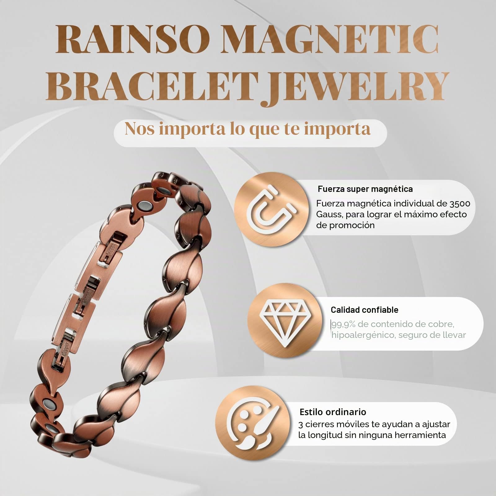 RainSo Pulsera para mujer, pulsera magnética de cobre puro, pulsera magnética elegante para mujer, alivio del dolor de artritis, en caja de regalo negra