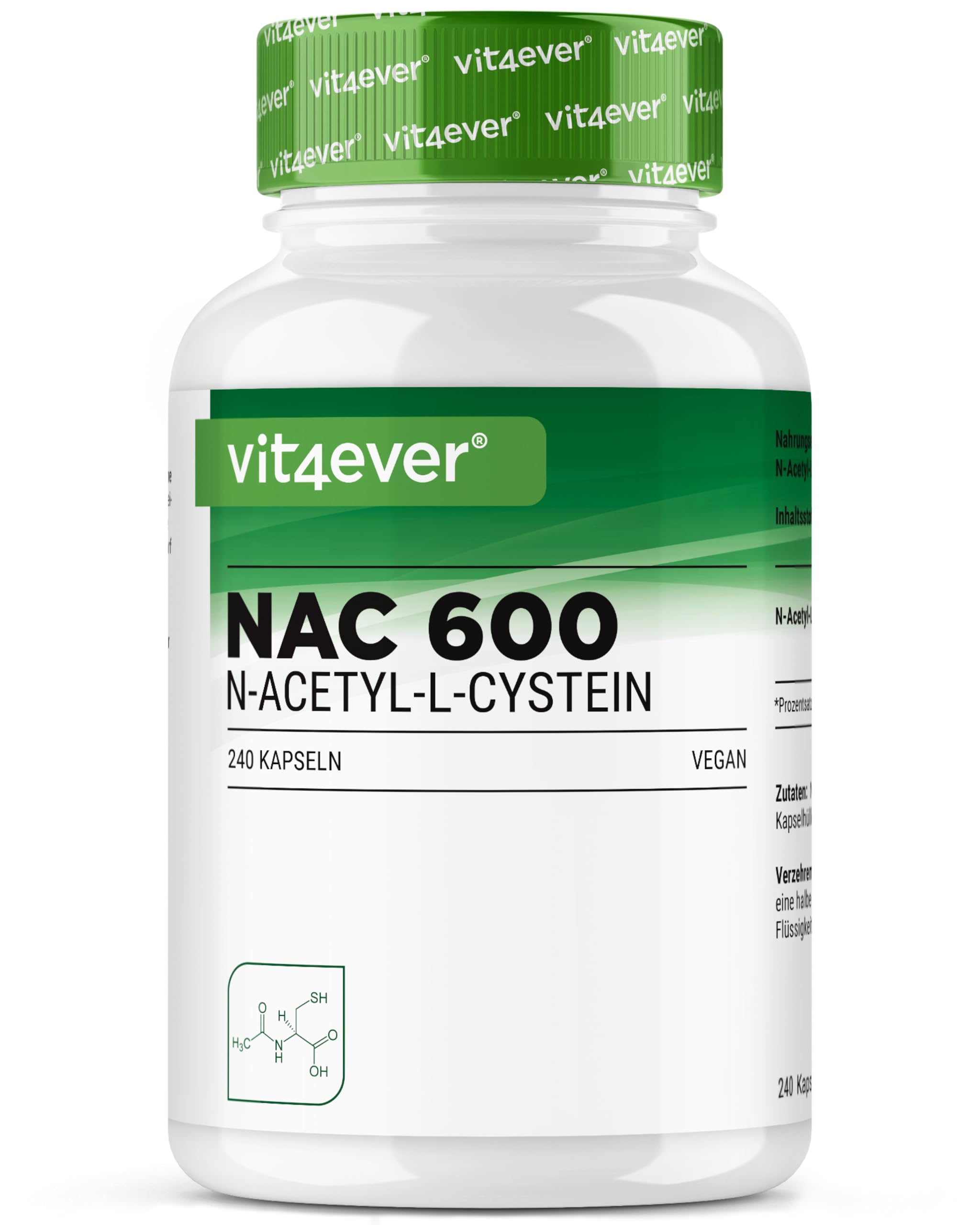 vit4ever NAC - N-Acetil L-Cisteina 240 capsule da 600 mg ciascuna - Scorta per 8 mesi - Senza additivi inutili - Vegano - Alto dosaggio - Qualità premium