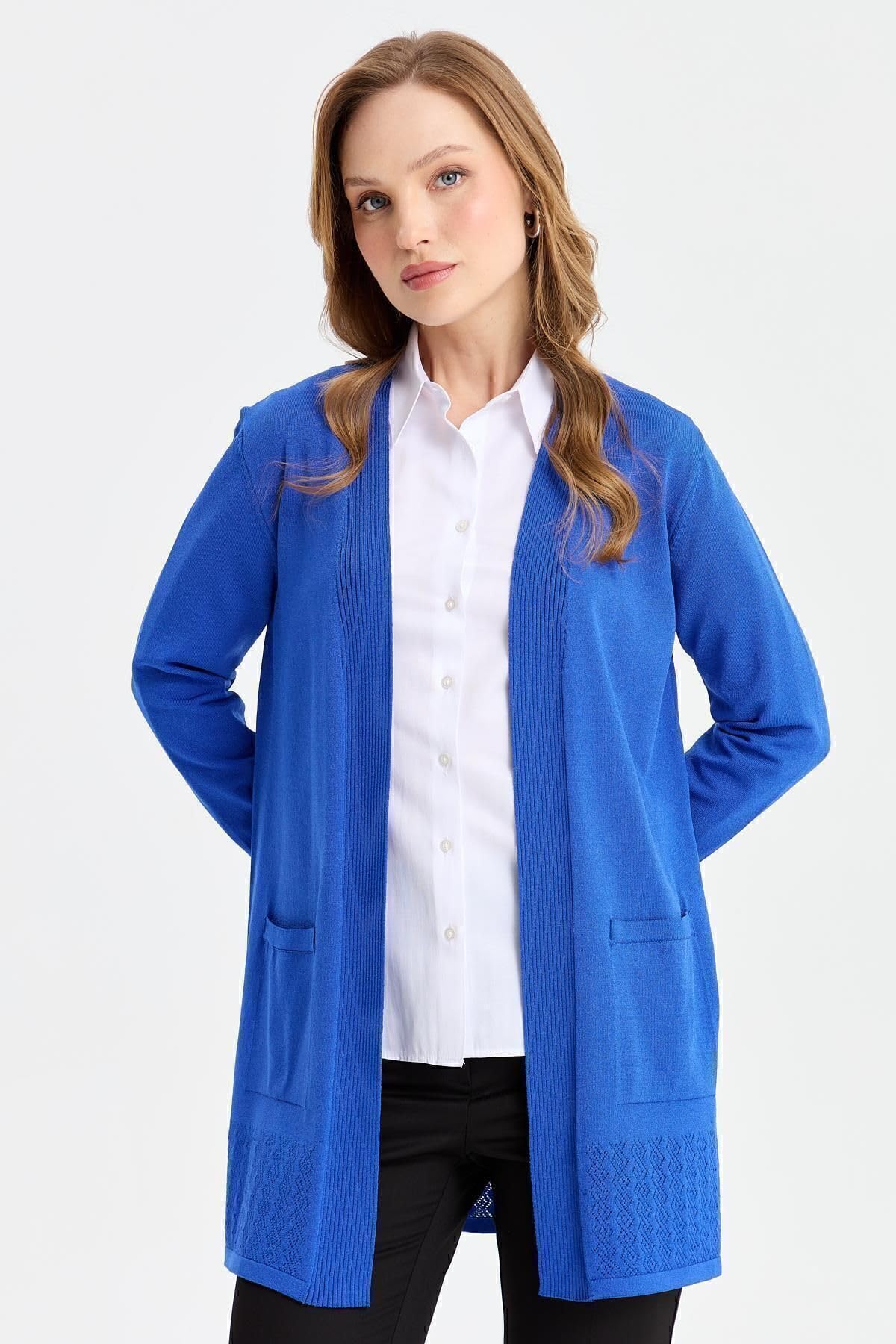 Desen Triko Kadın Triko Araboy Yazlık İnce Ceket Saks Beden;2XL,Renk;Saks