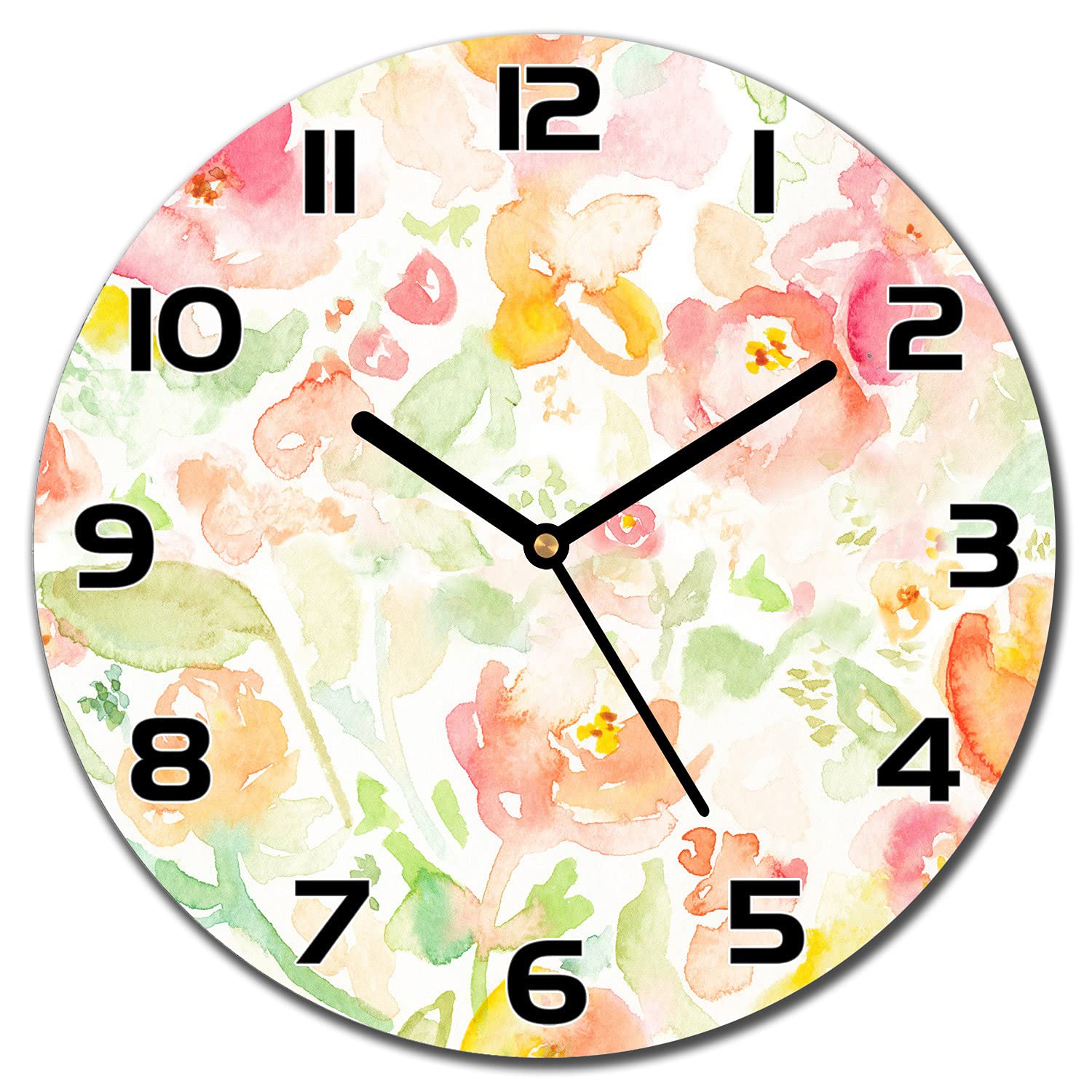 Horloge en verre fleurs arc-en-ciel aiguilles noires design 30 cm